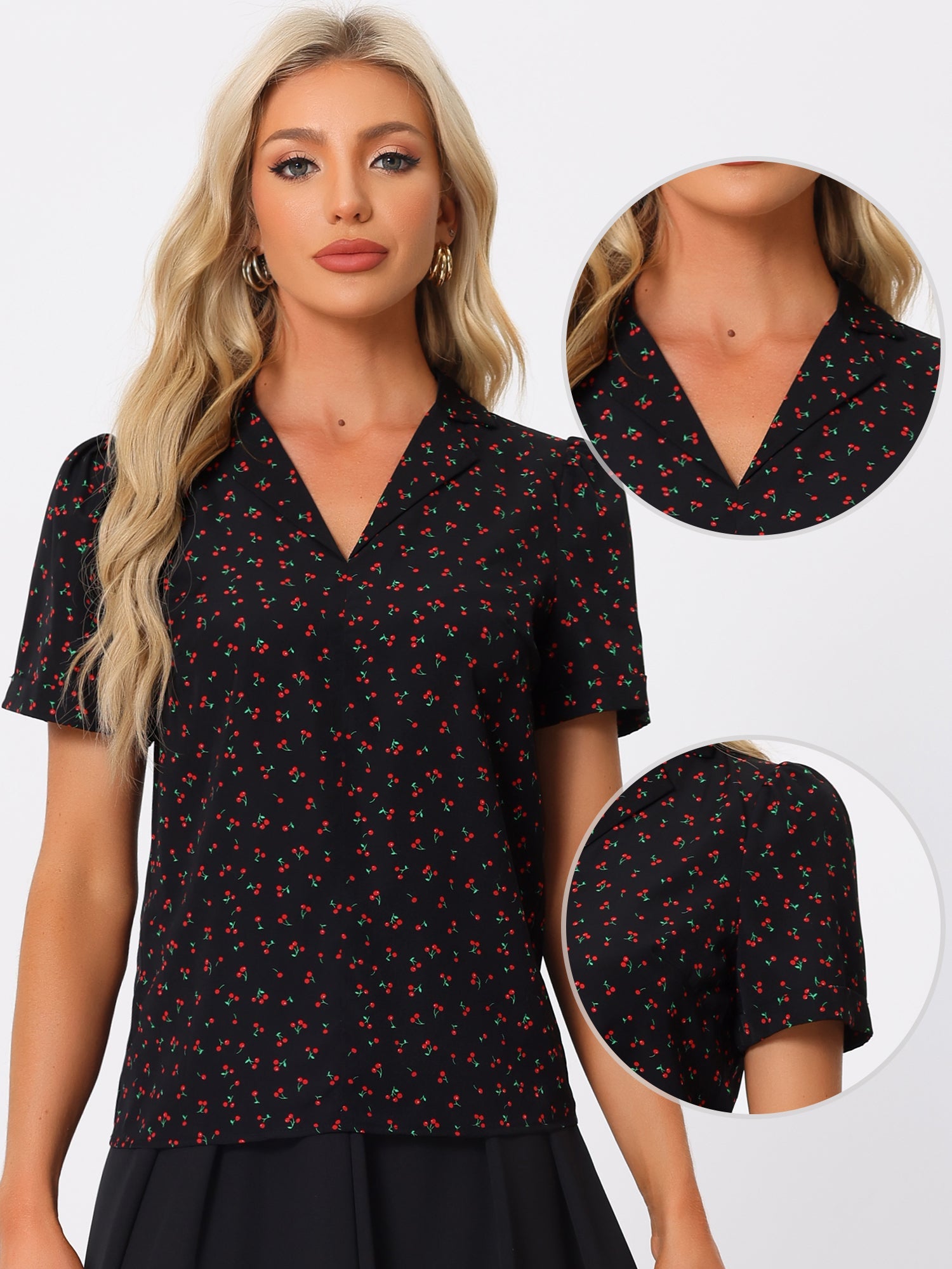 Short Sleeve Casual Cherry Print Notched Lapel Collar Shirt Blouse