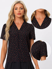 Short Sleeve Casual Cherry Print Notched Lapel Collar Shirt Blouse