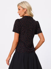 Short Sleeve Casual Cherry Print Notched Lapel Collar Shirt Blouse