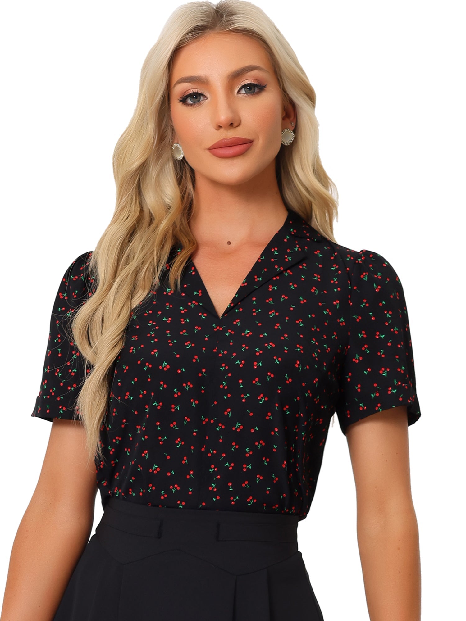 Short Sleeve Casual Cherry Print Notched Lapel Collar Shirt Blouse