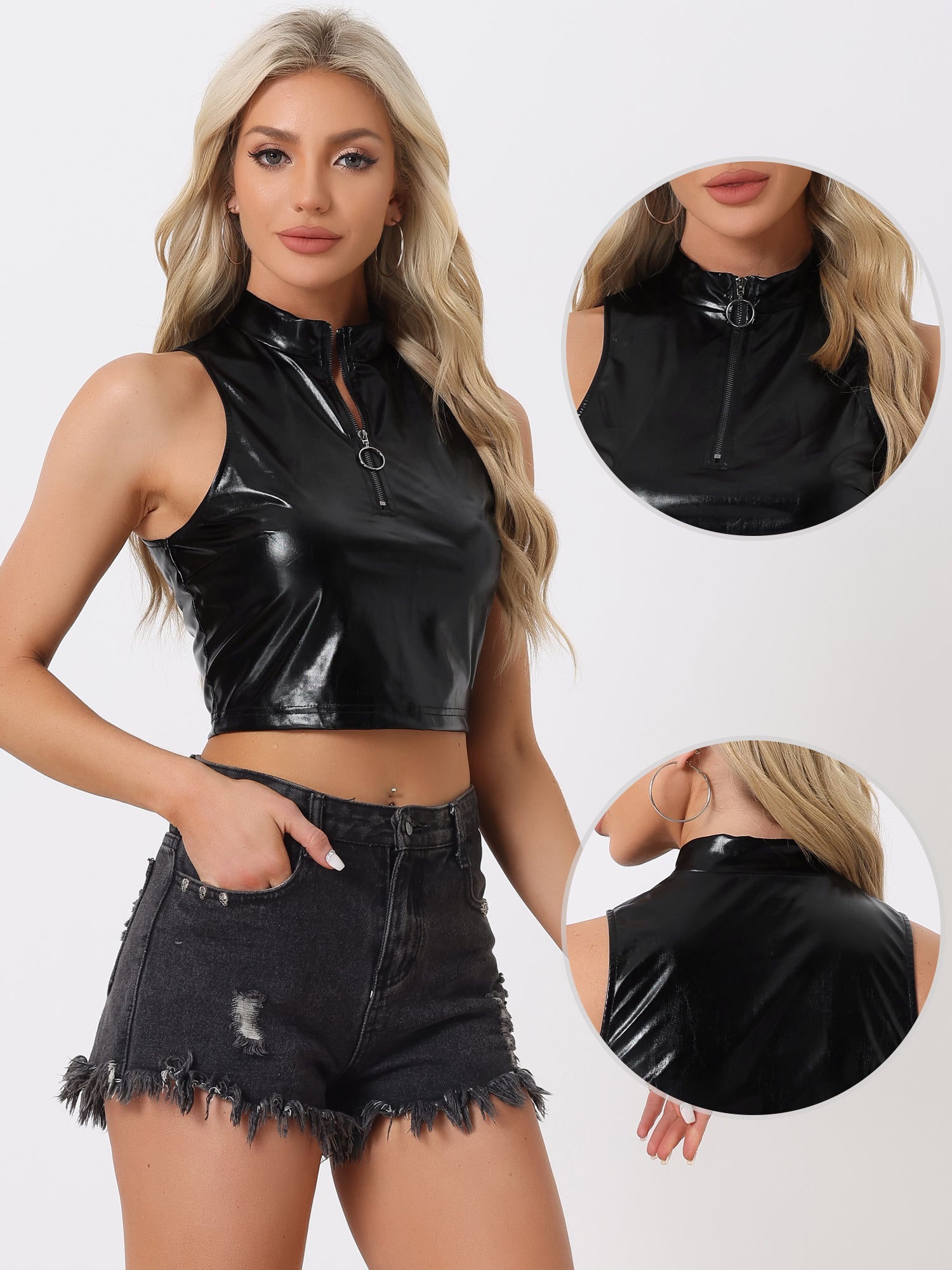 Metallic Crop Tops Mock Neck Zip Up Shiny Holographic Tank Top