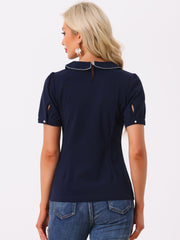 Peter Pan Collar Contrast Trim Puff Sleeve Blouse