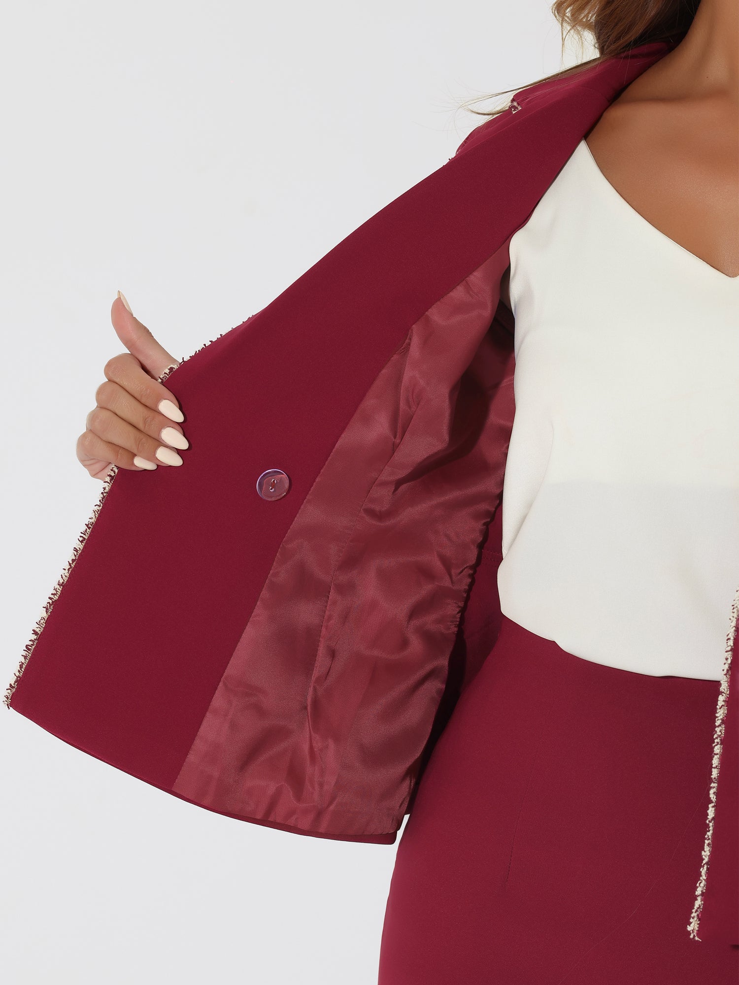 Business Suit 2 Pieces Tweed Trim Blazer Jacket and Skirt Set