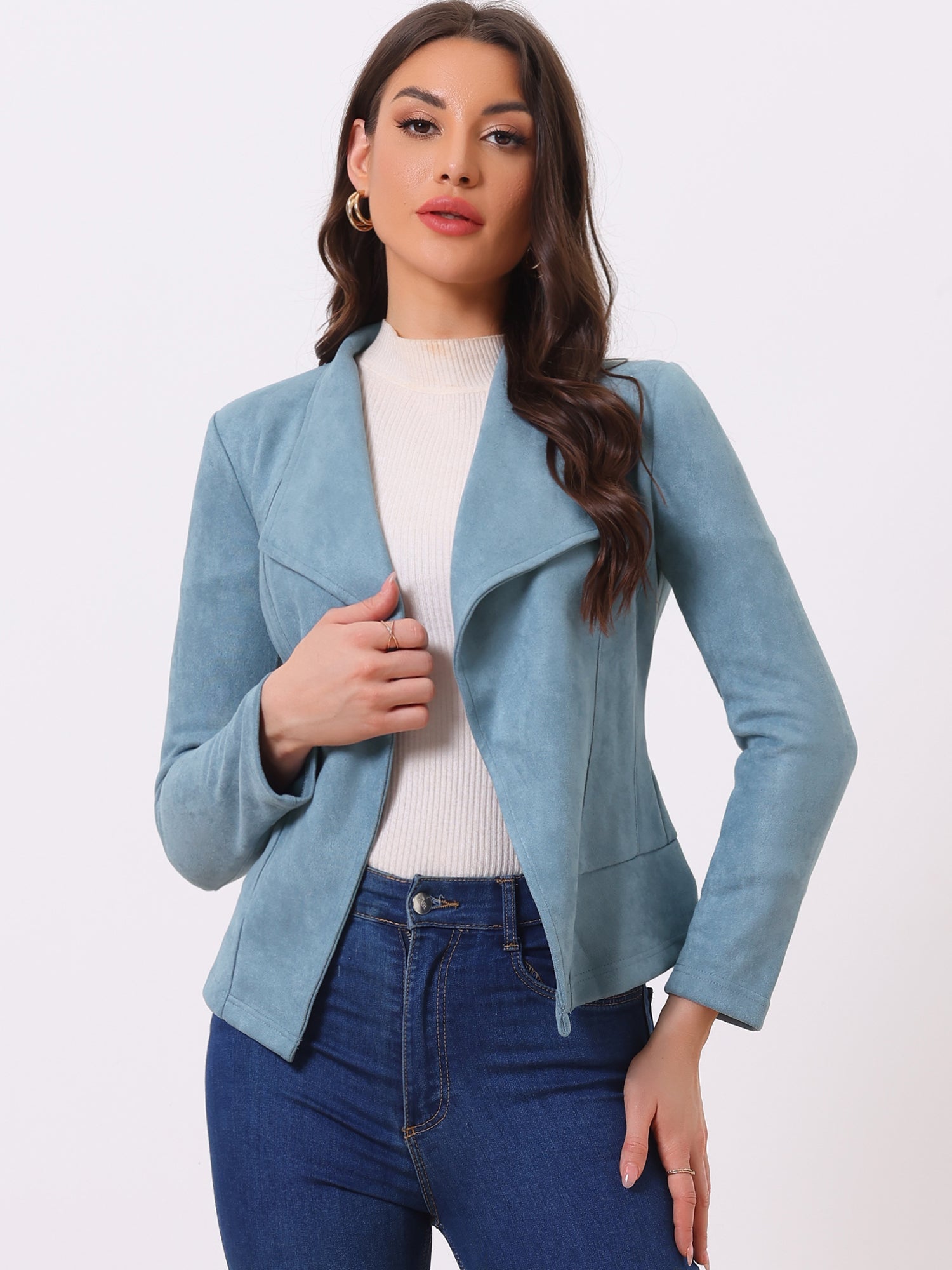 Faux Suede Jacket Open Front Lapel Draped Outwear Cardigan