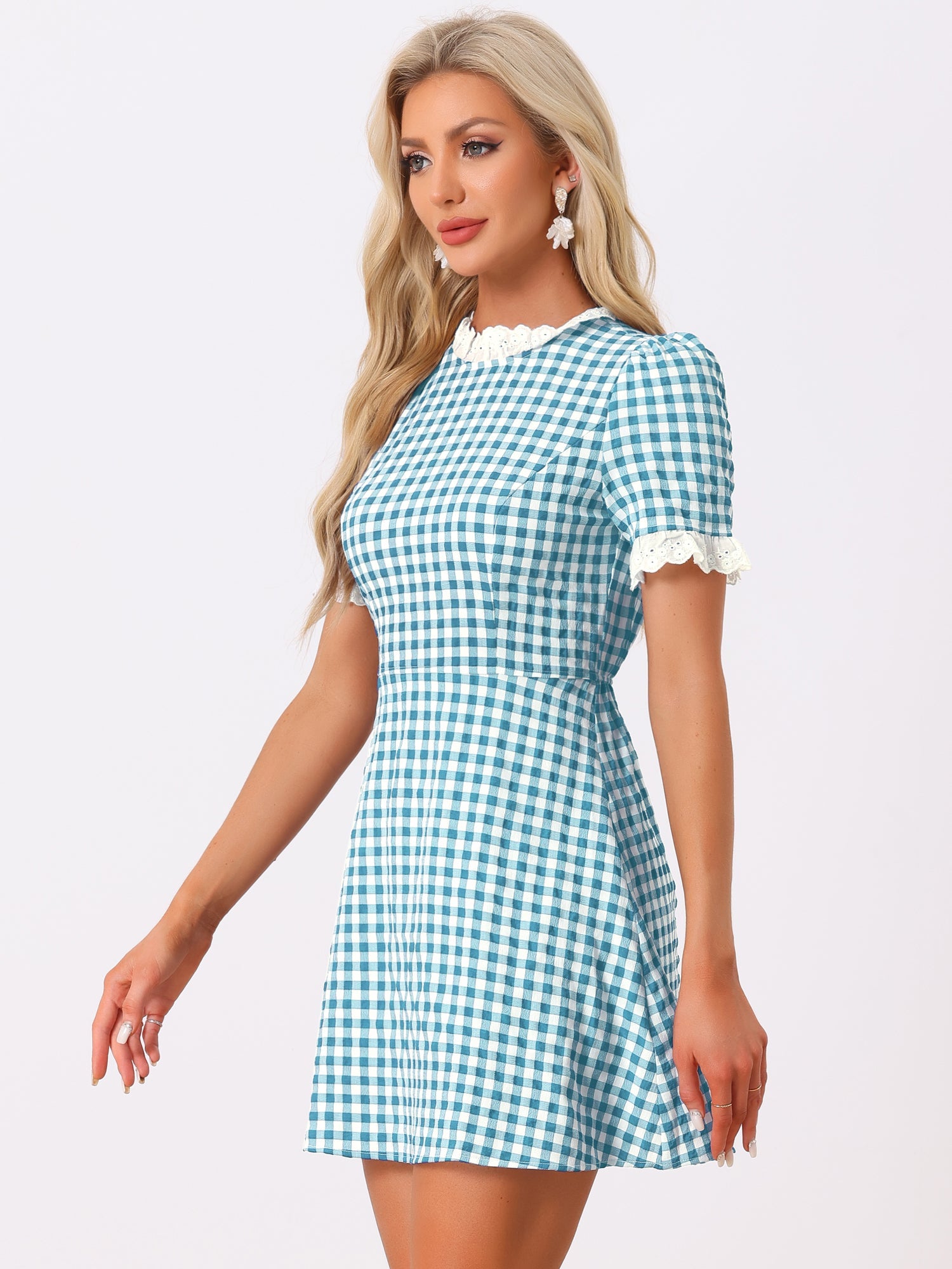 Summer Ruffle Neck Lace Panel Short Sleeve Check Gingham Dress