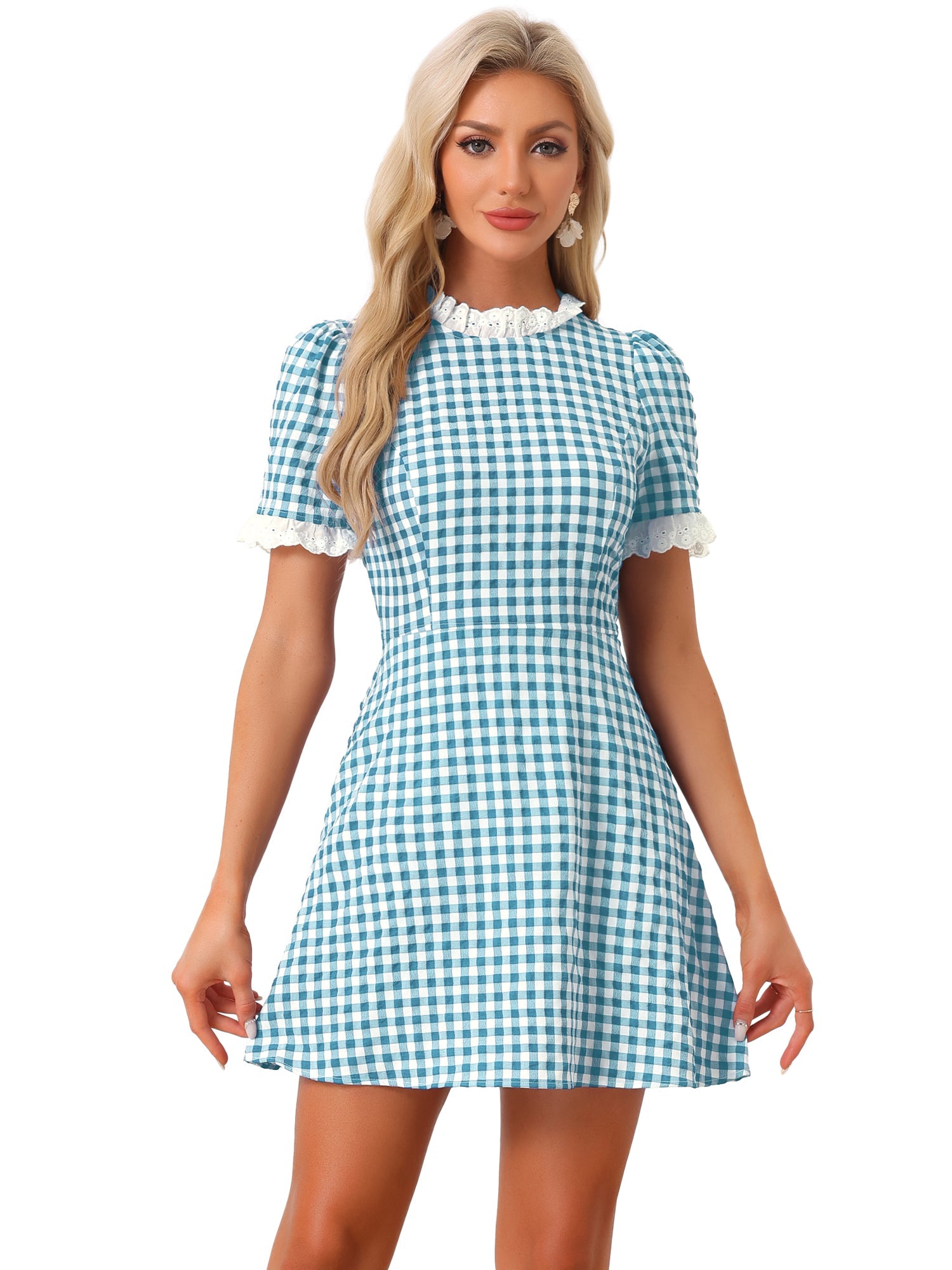 Summer Ruffle Neck Lace Panel Short Sleeve Check Gingham Dress