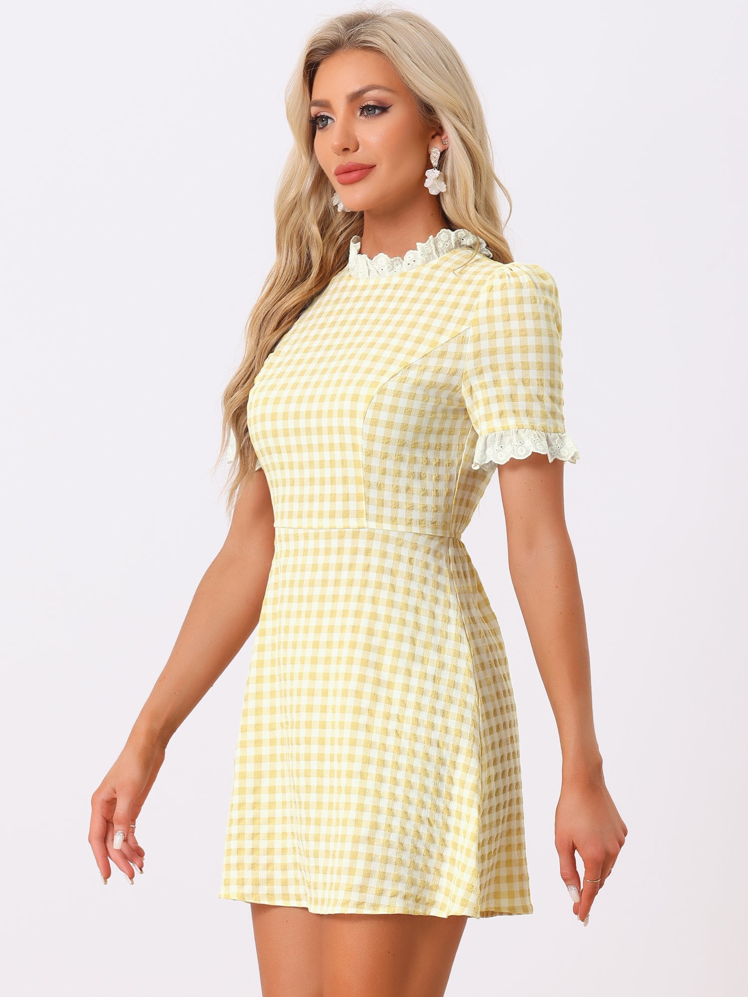 Summer Ruffle Neck Lace Panel Short Sleeve Check Gingham Dress