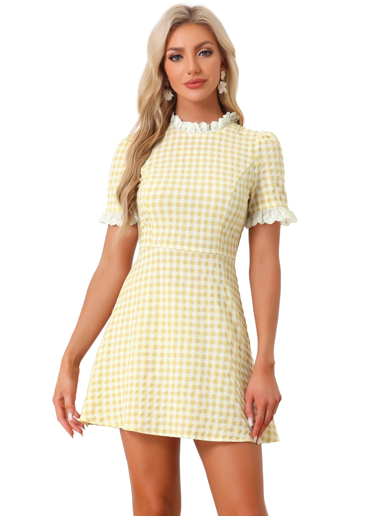 Summer Ruffle Neck Lace Panel Short Sleeve Check Gingham Dress