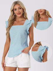 Summer Gingham Tops Square Neck Ruffle Cap Sleeve Blouse