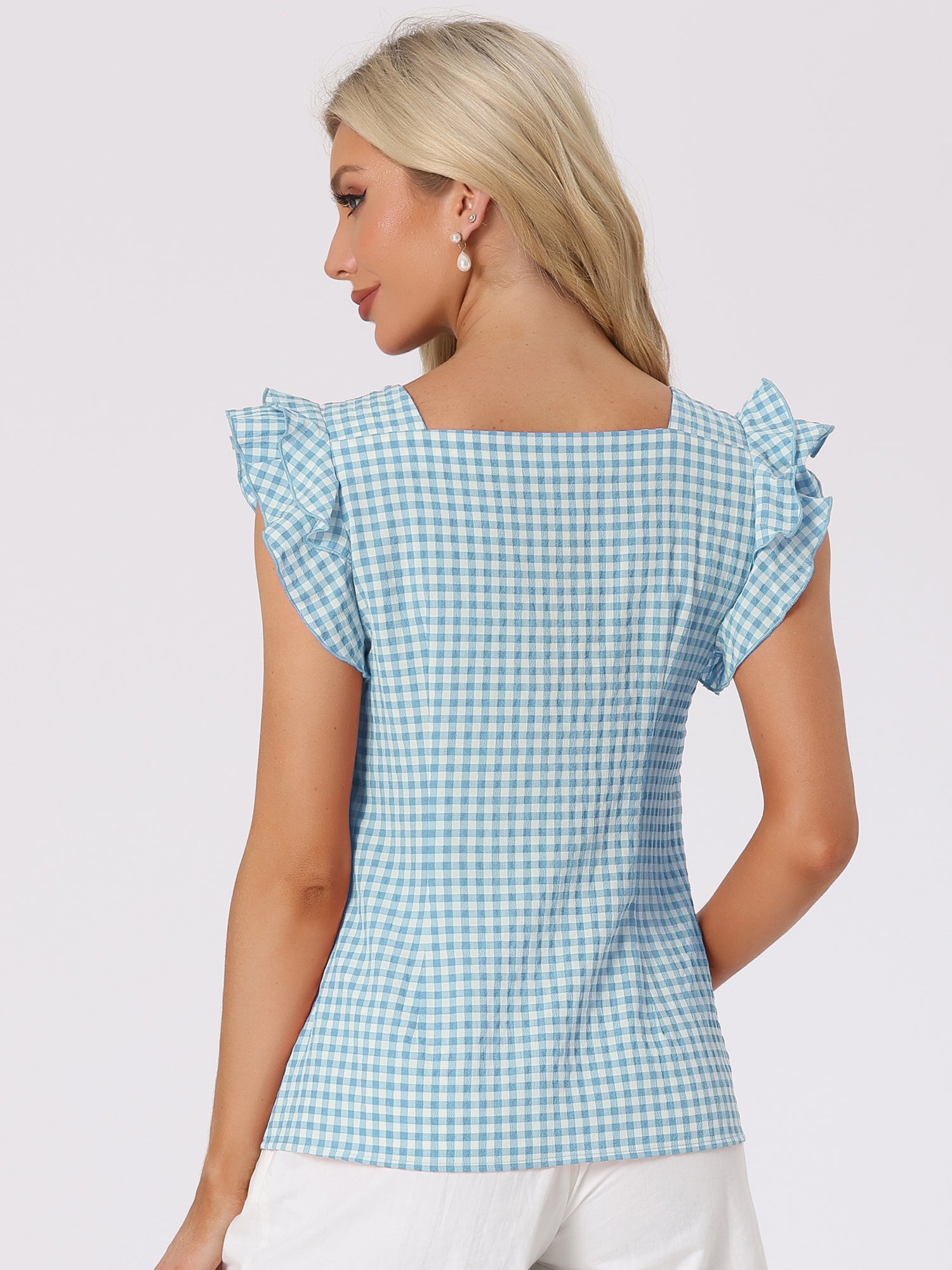 Summer Gingham Tops Square Neck Ruffle Cap Sleeve Blouse