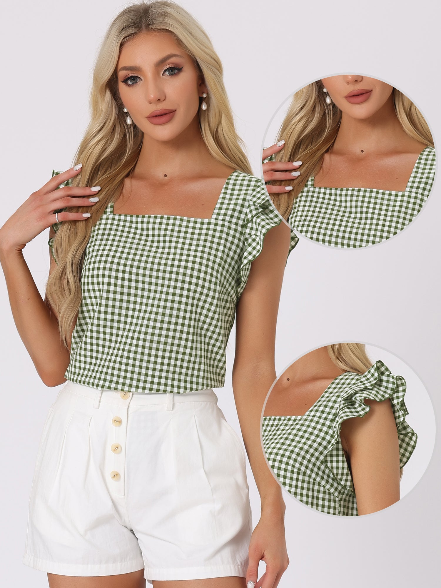 Summer Gingham Tops Square Neck Ruffle Cap Sleeve Blouse
