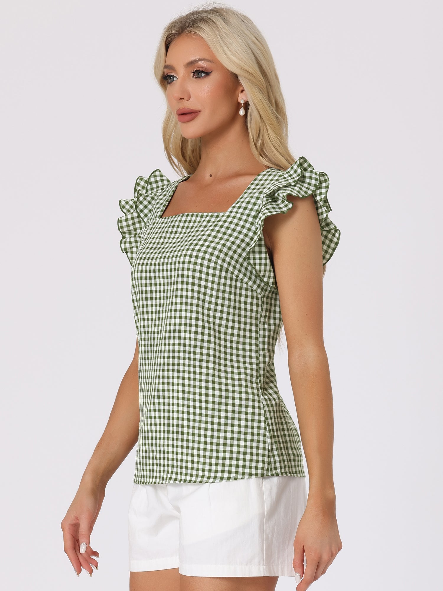 Summer Gingham Tops Square Neck Ruffle Cap Sleeve Blouse