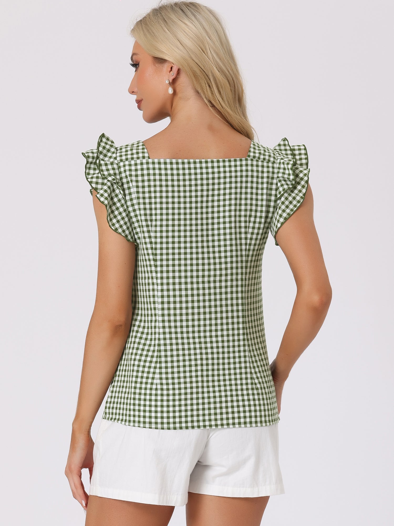 Summer Gingham Tops Square Neck Ruffle Cap Sleeve Blouse