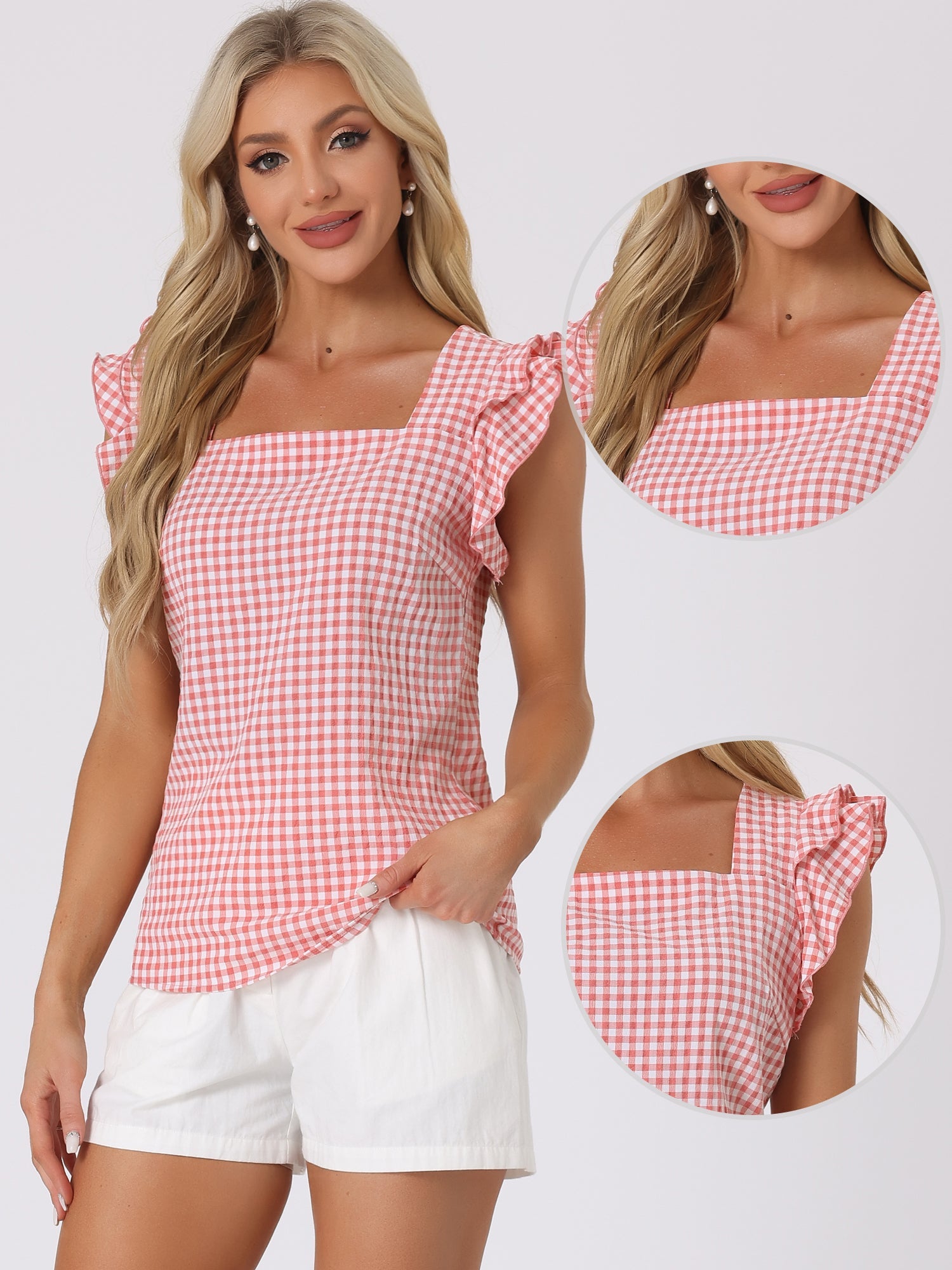 Summer Gingham Tops Square Neck Ruffle Cap Sleeve Blouse