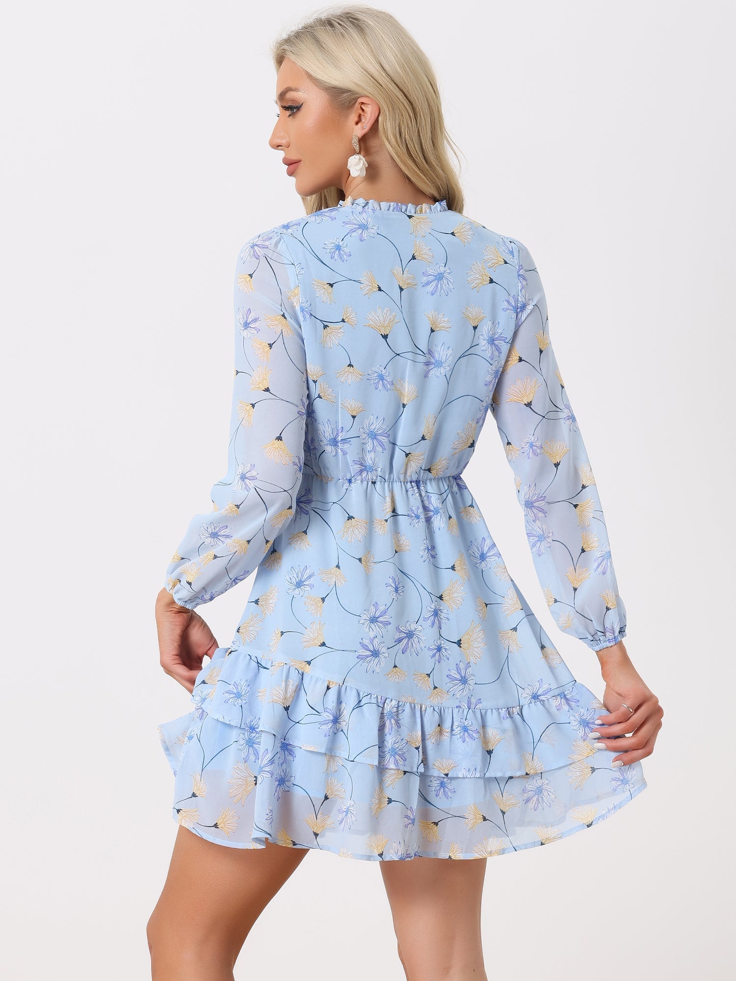 Floral V Neck Semi Sheer Layered Tiered Mini Dress