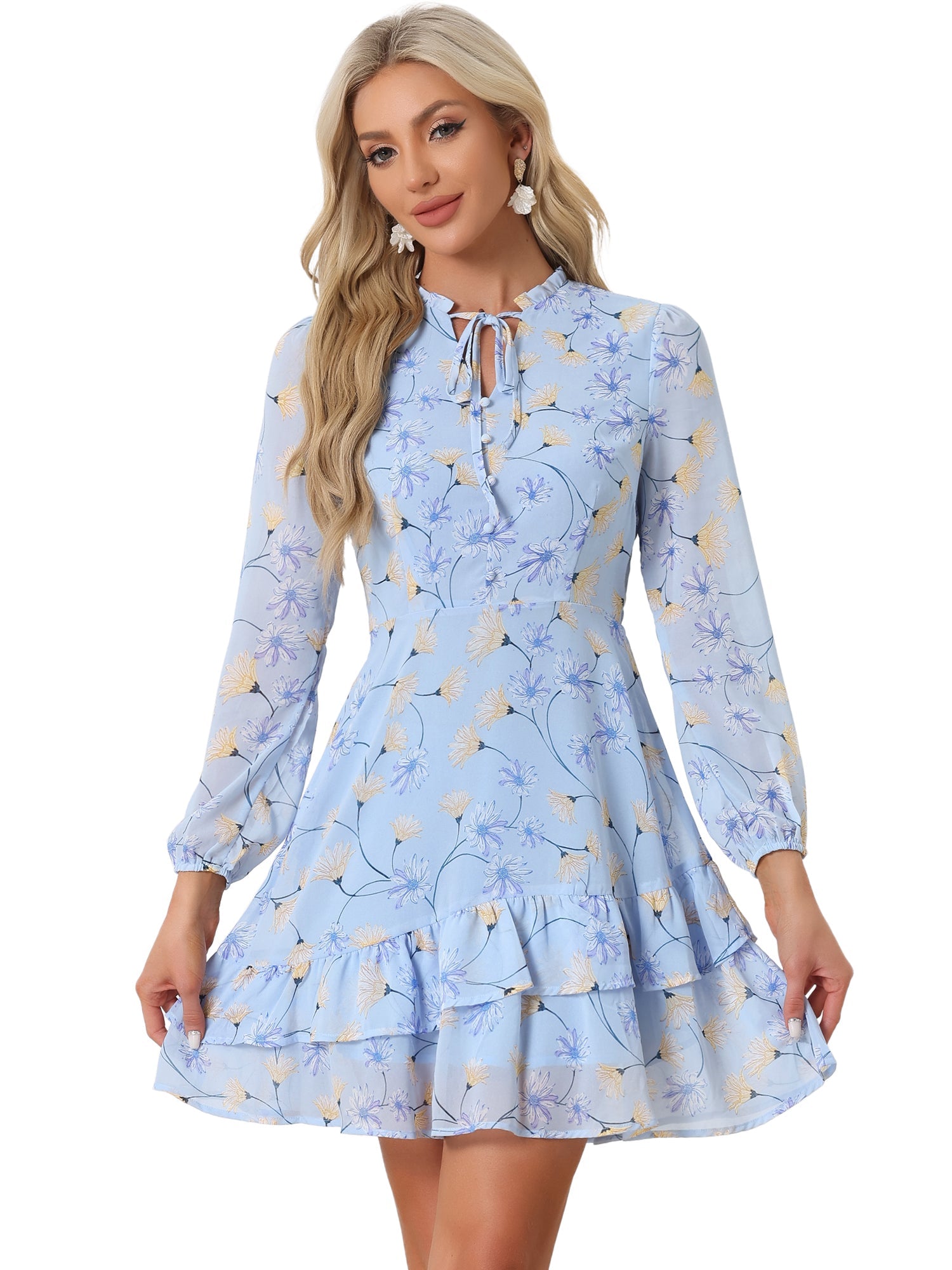 Floral V Neck Semi Sheer Layered Tiered Mini Dress
