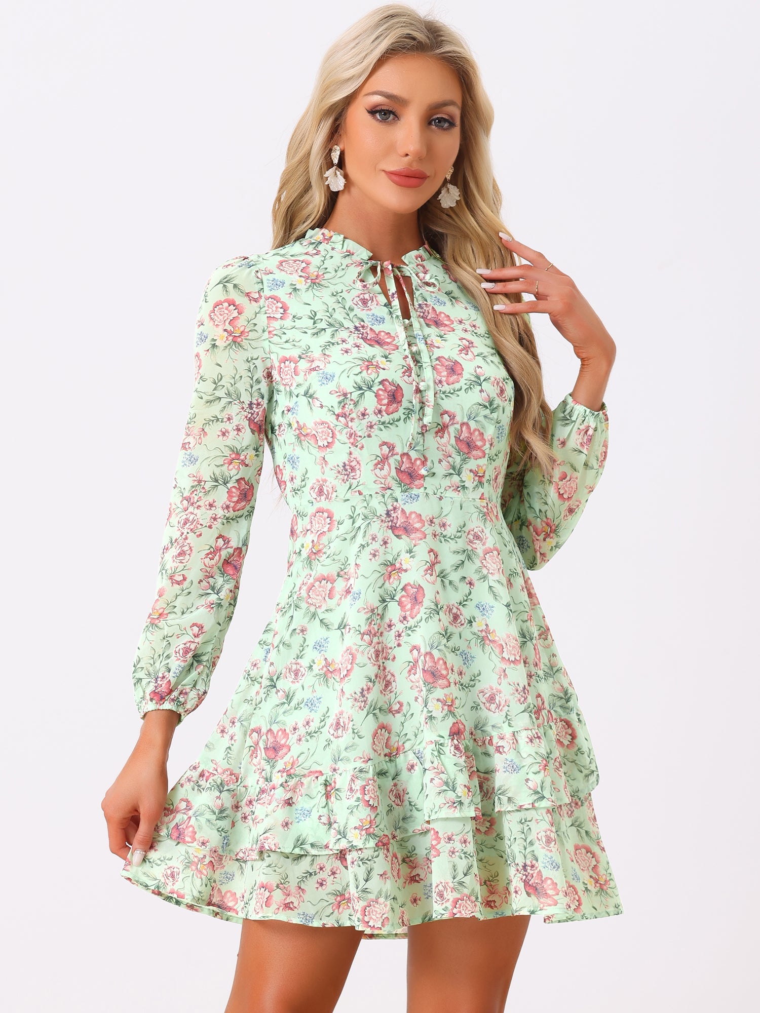 Floral V Neck Semi Sheer Layered Tiered Mini Dress