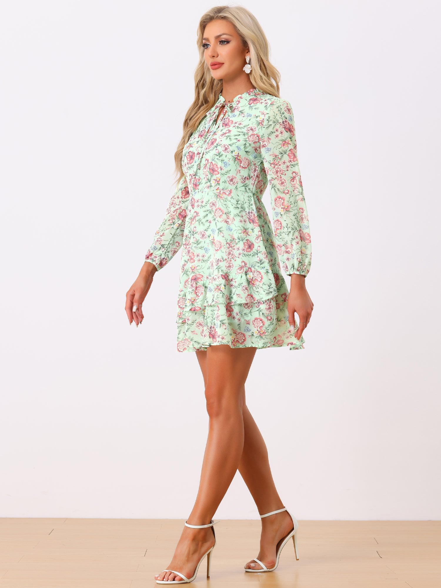 Floral V Neck Semi Sheer Layered Tiered Mini Dress