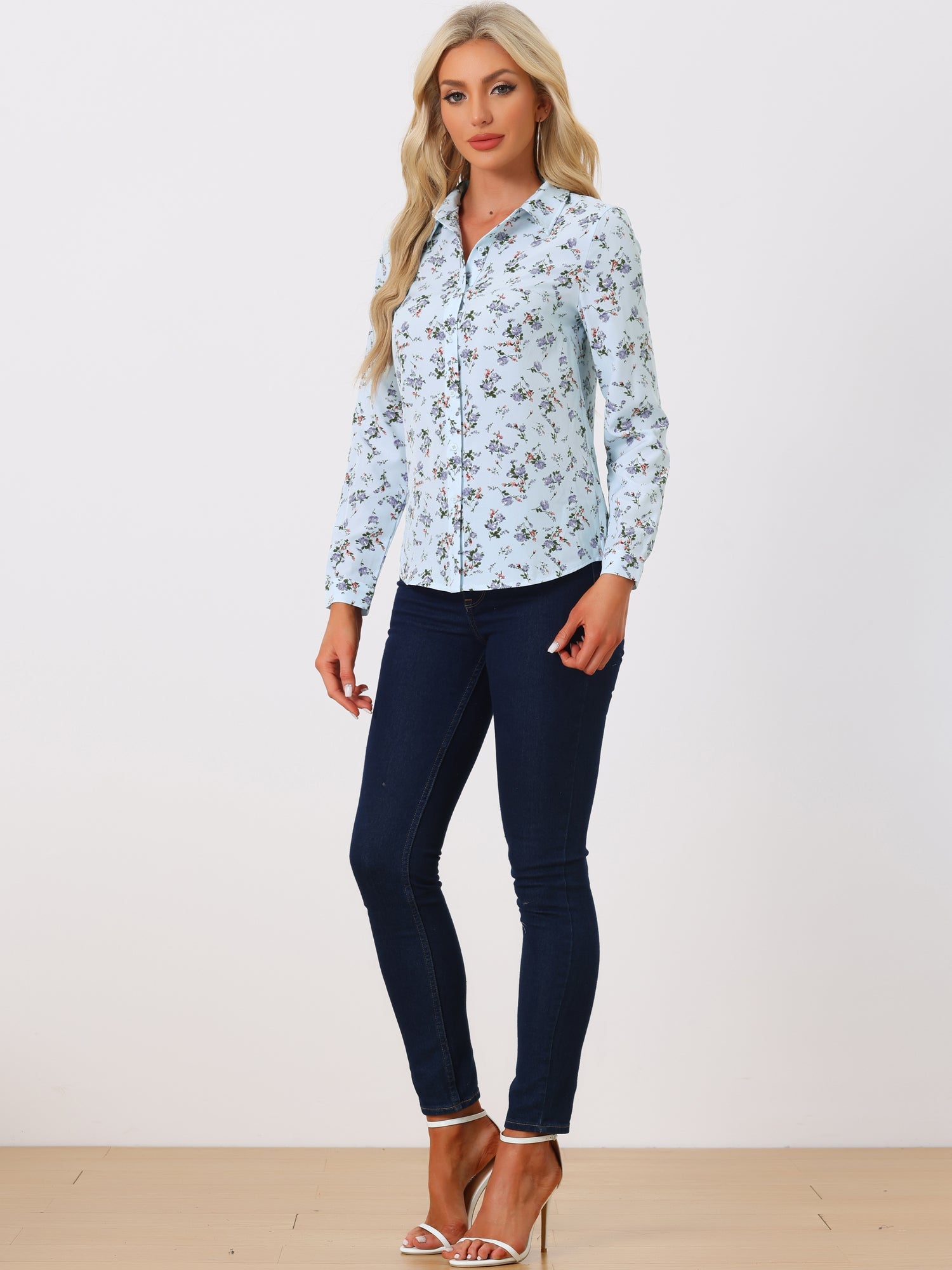 Button Down Floral Shirt Blouse Long Sleeve Point Collar Top
