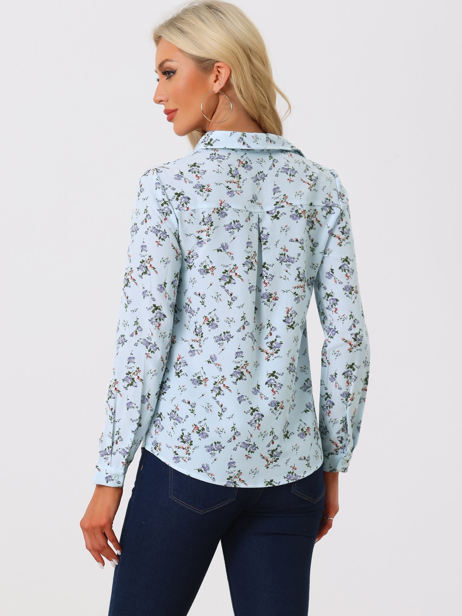 Button Down Floral Shirt Blouse Long Sleeve Point Collar Top