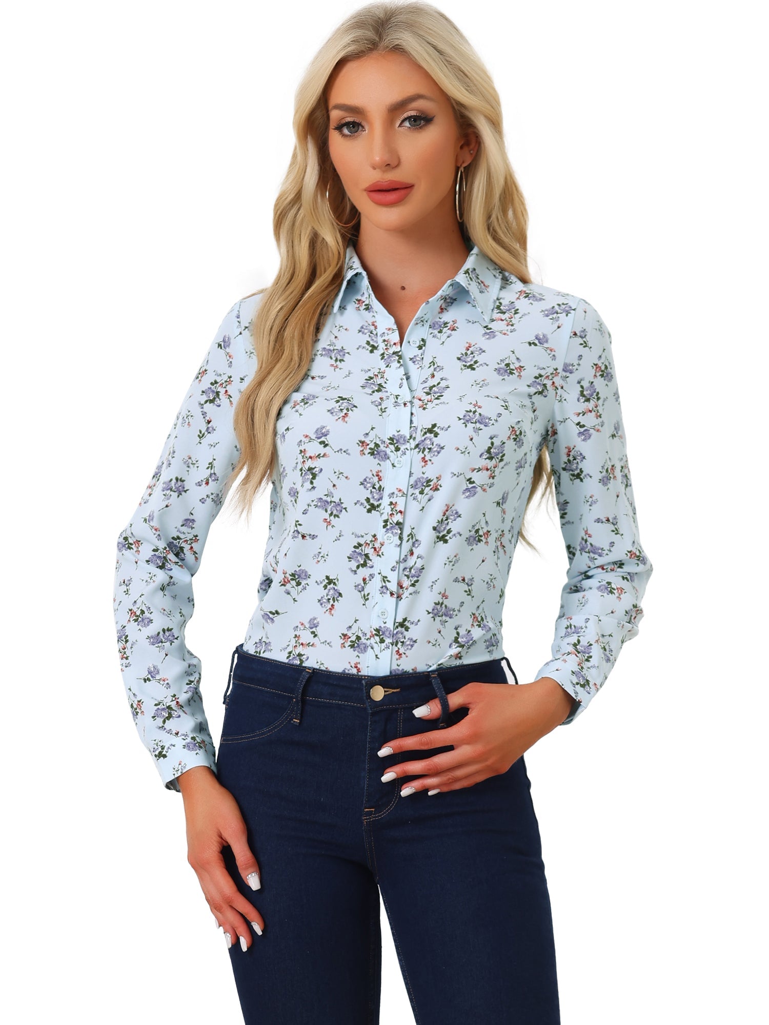 Button Down Floral Shirt Blouse Long Sleeve Point Collar Top