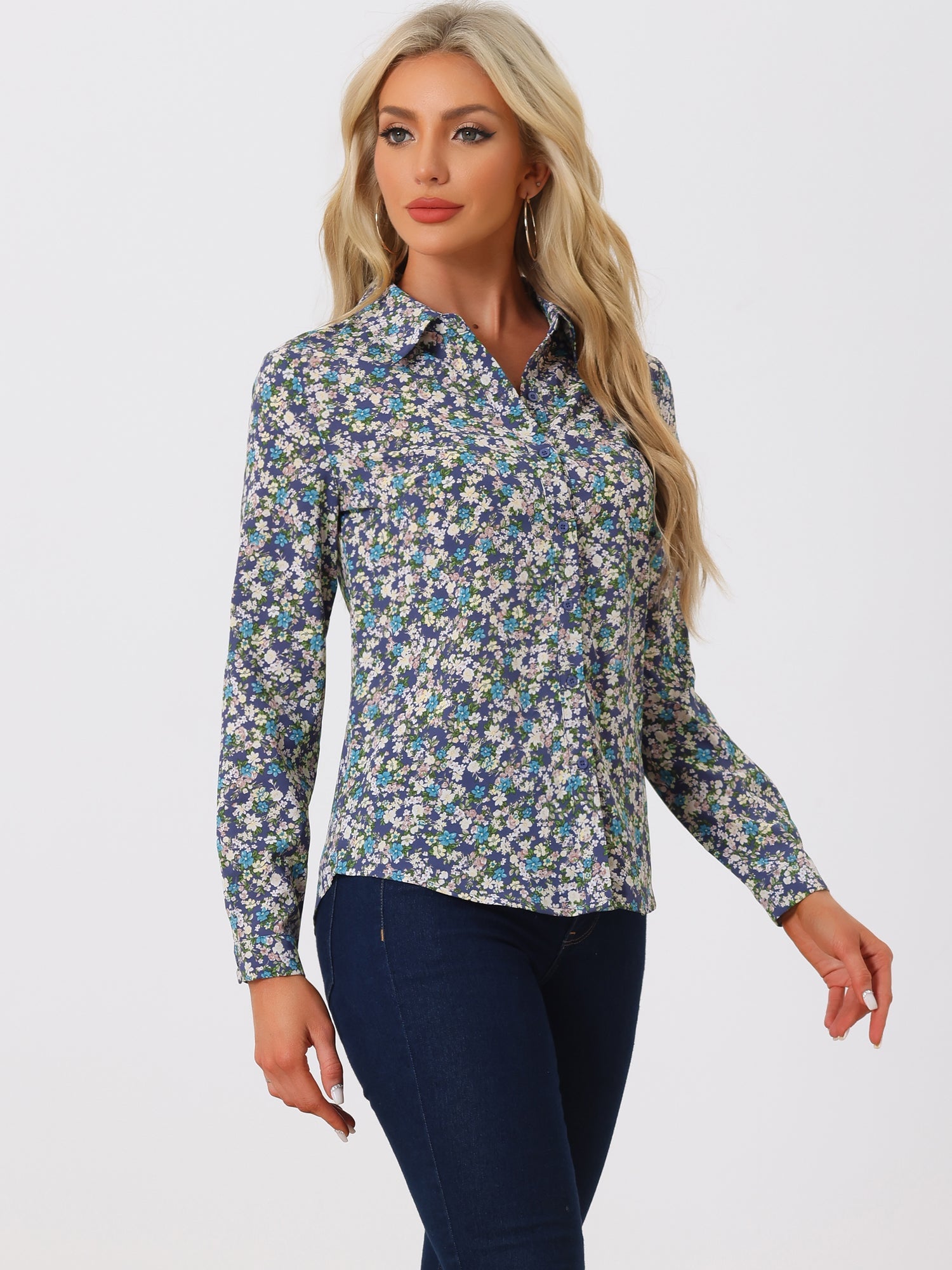 Button Down Floral Long Sleeve Point Collar Blouse