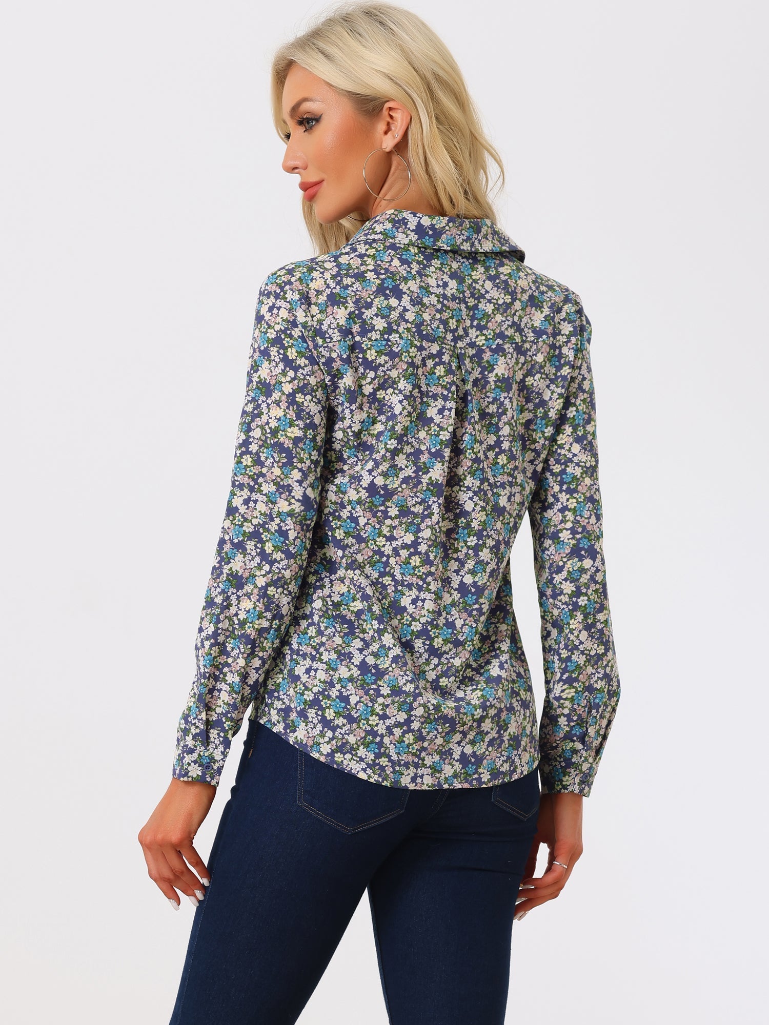 Button Down Floral Long Sleeve Point Collar Blouse