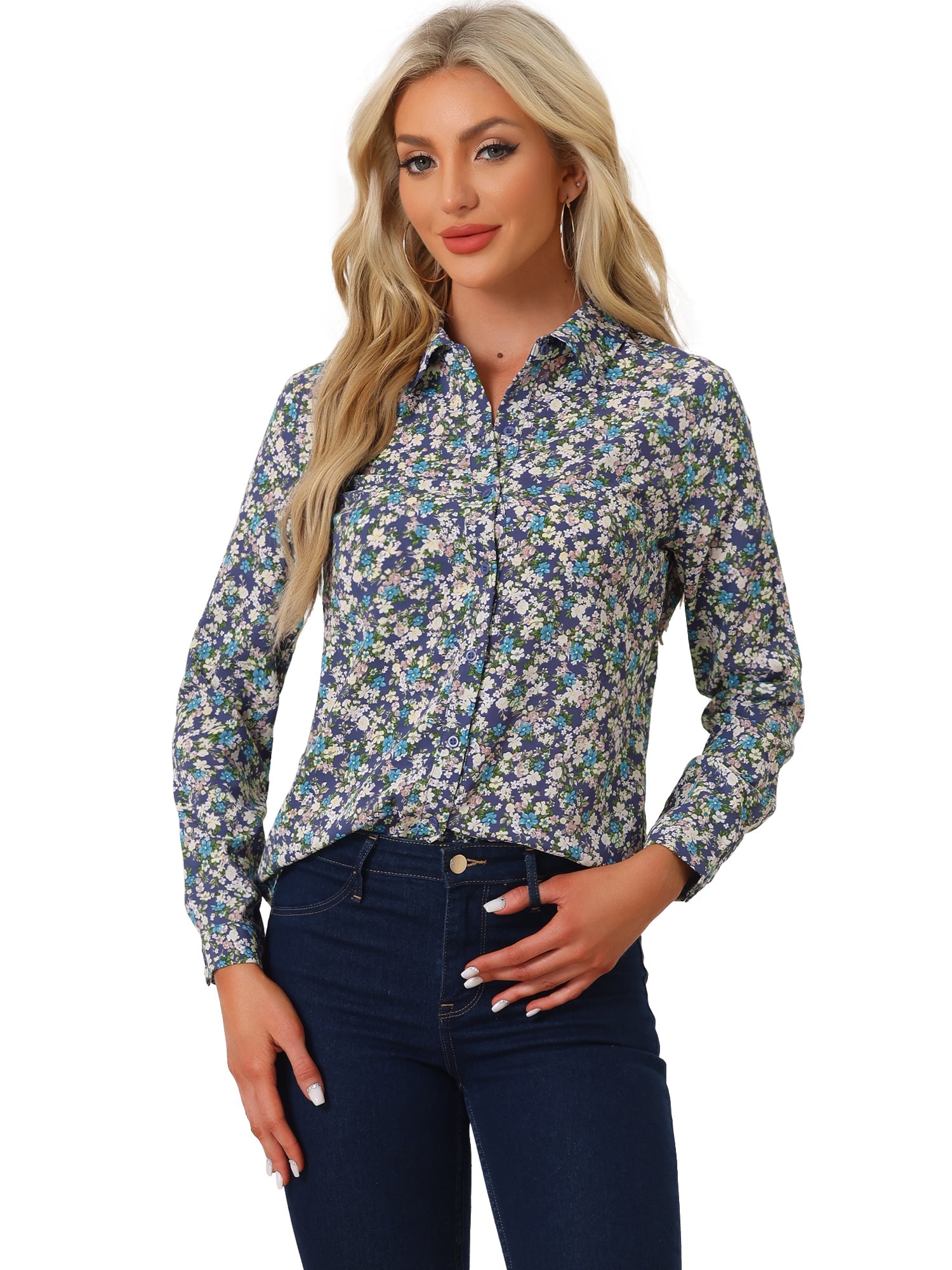 Button Down Floral Long Sleeve Point Collar Blouse