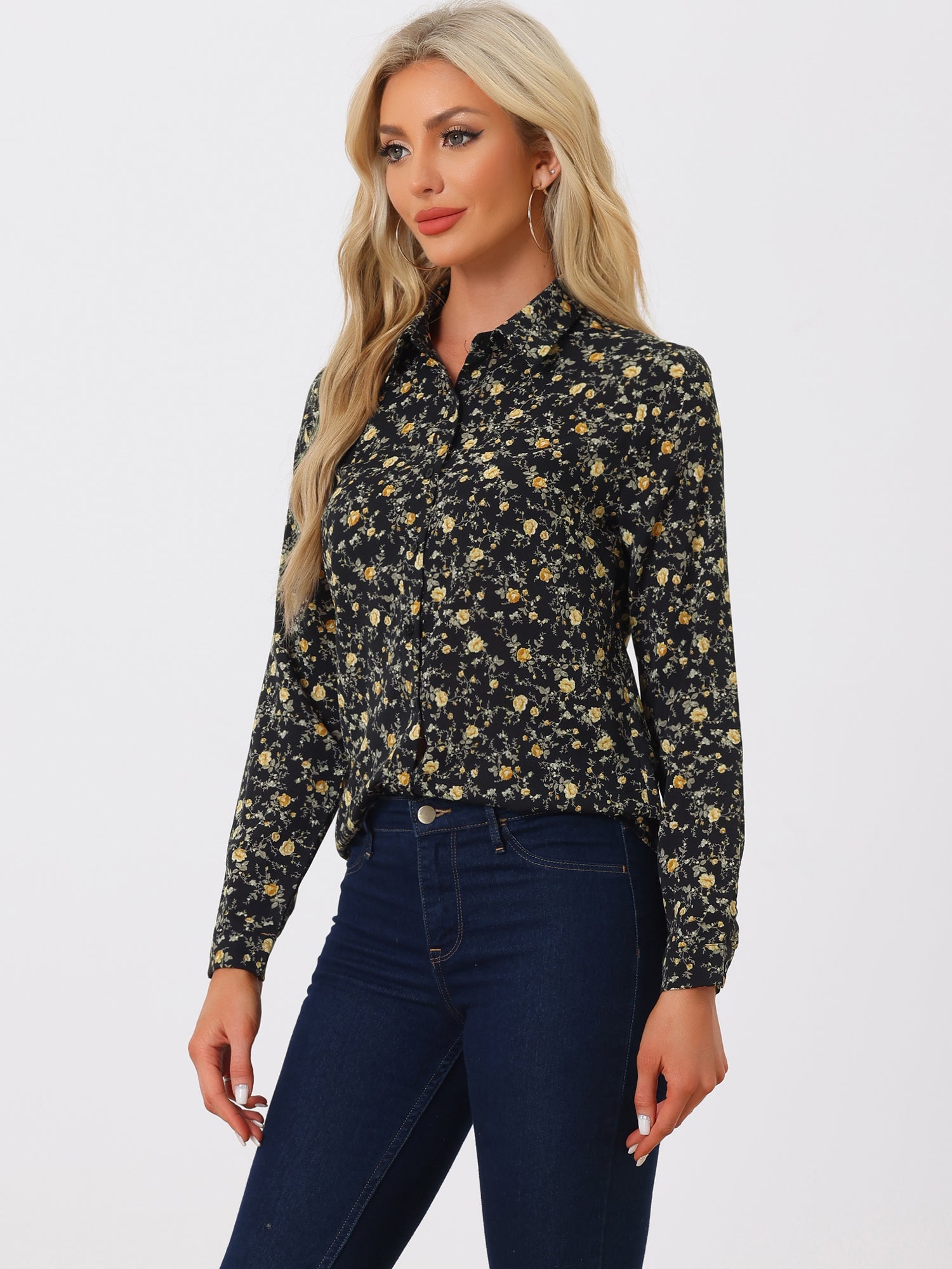 Button Down Floral Long Sleeve Point Collar Blouse