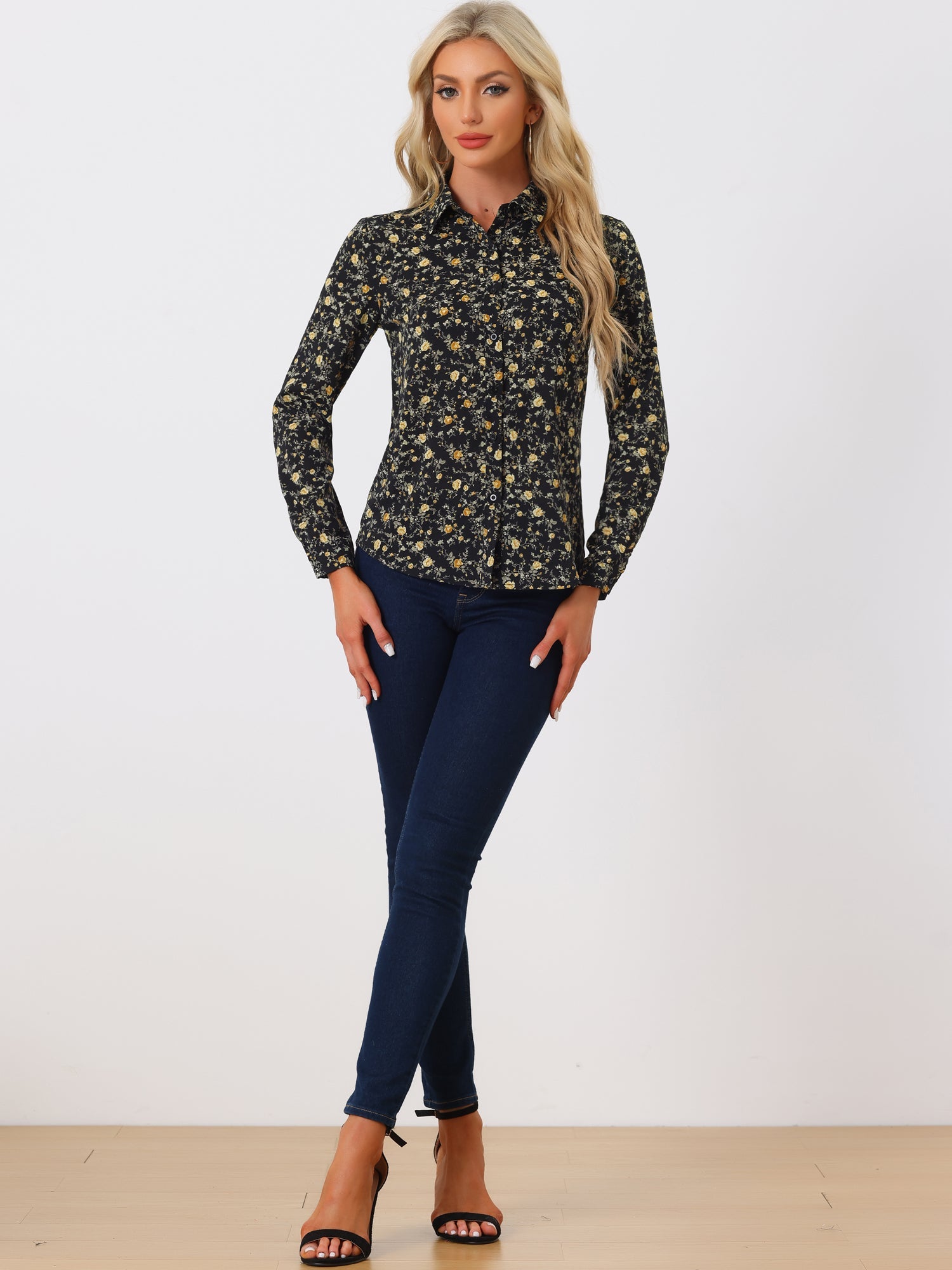 Button Down Floral Long Sleeve Point Collar Blouse