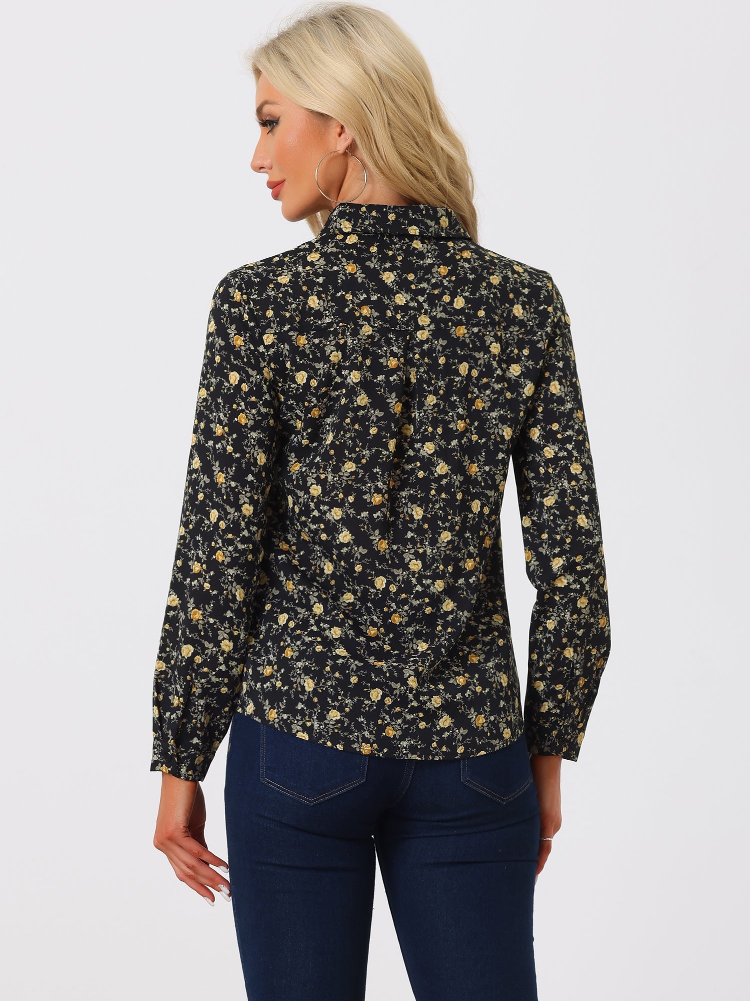 Button Down Floral Long Sleeve Point Collar Blouse