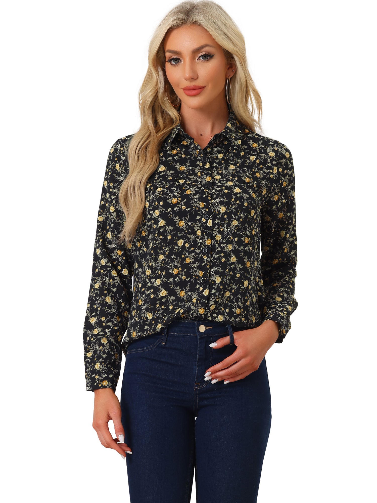 Button Down Floral Long Sleeve Point Collar Blouse