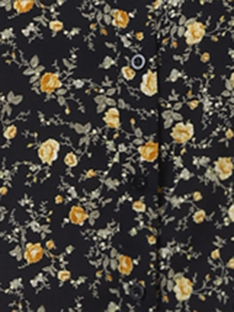 Button Down Floral Long Sleeve Point Collar Blouse