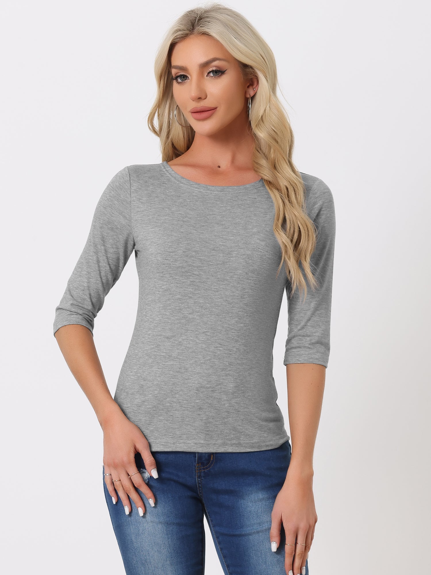 Casual Boat Neck 3/4 Sleeve Solid Basic T-shirt