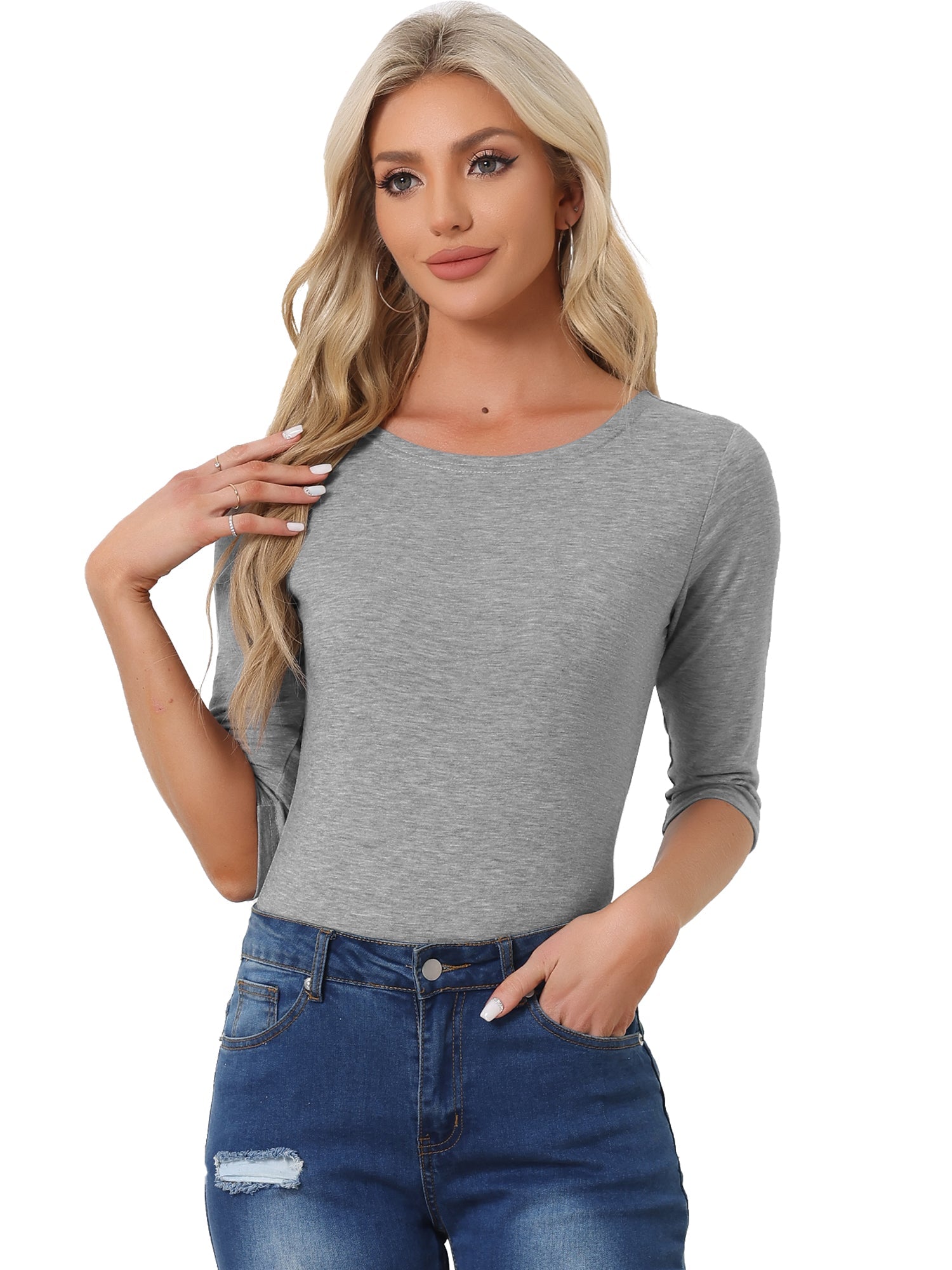 Casual Boat Neck 3/4 Sleeve Solid Basic T-shirt