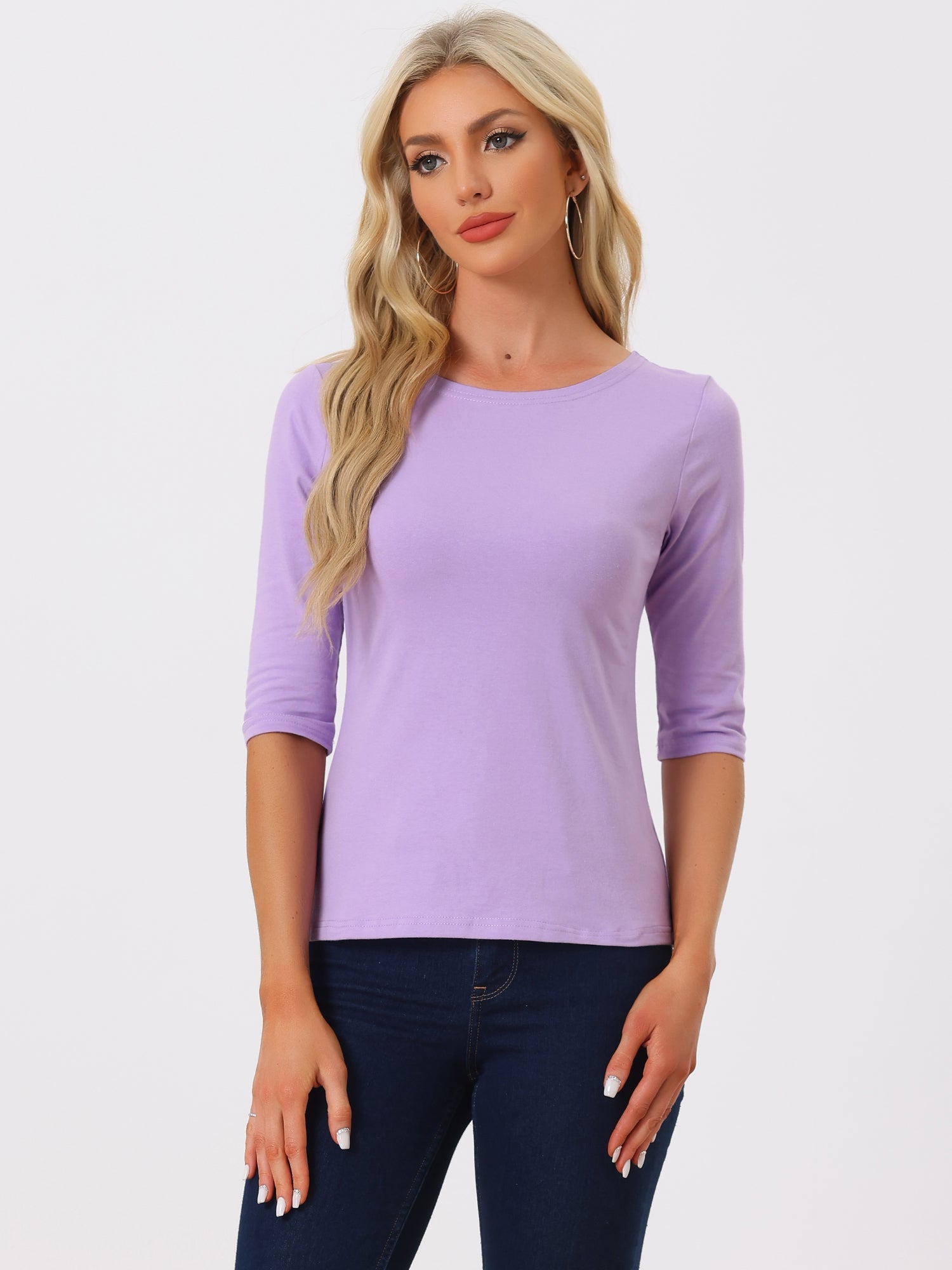 Casual Boat Neck 3/4 Sleeve Solid Basic T-shirt