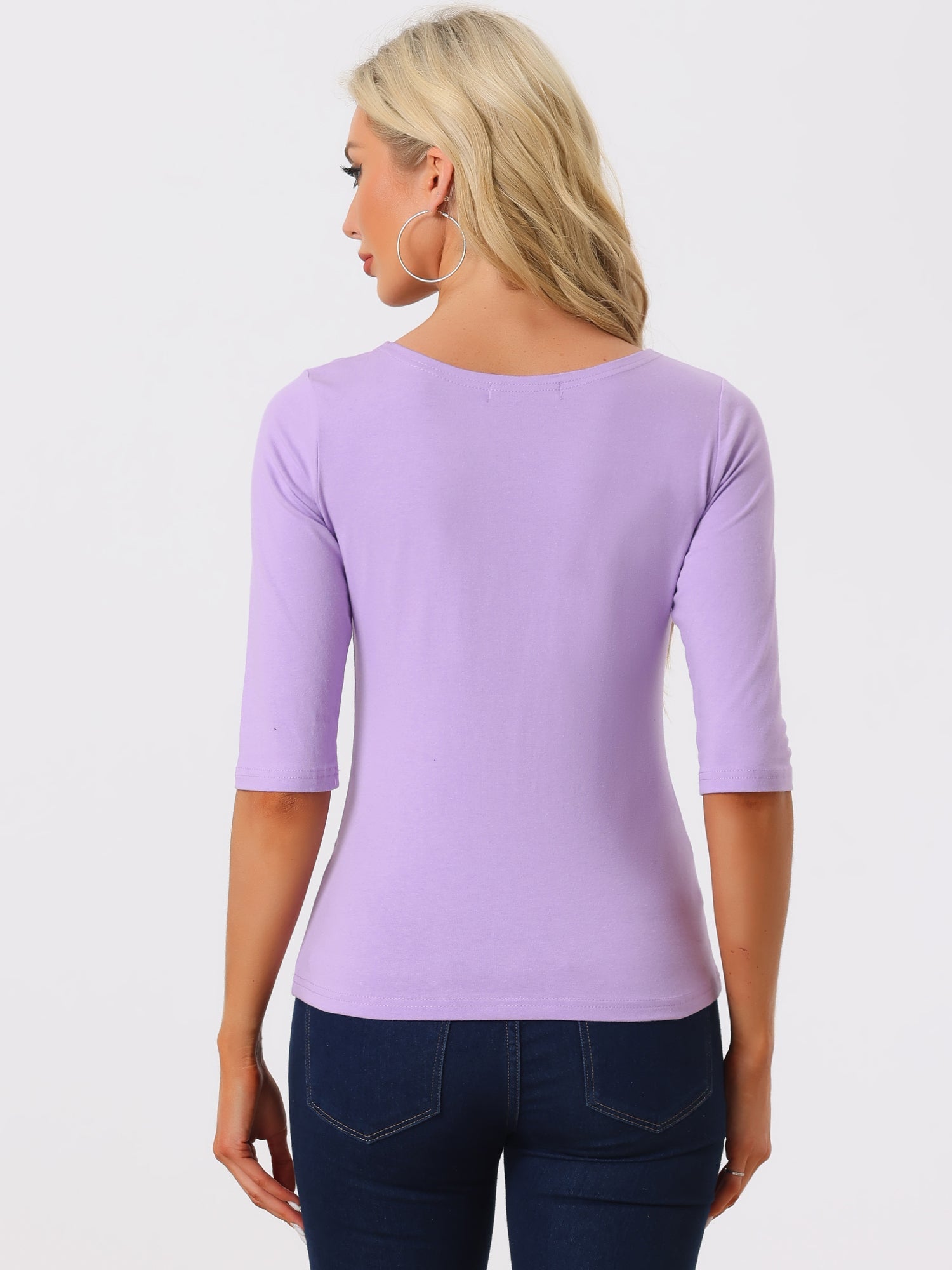 Casual Boat Neck 3/4 Sleeve Solid Basic T-shirt