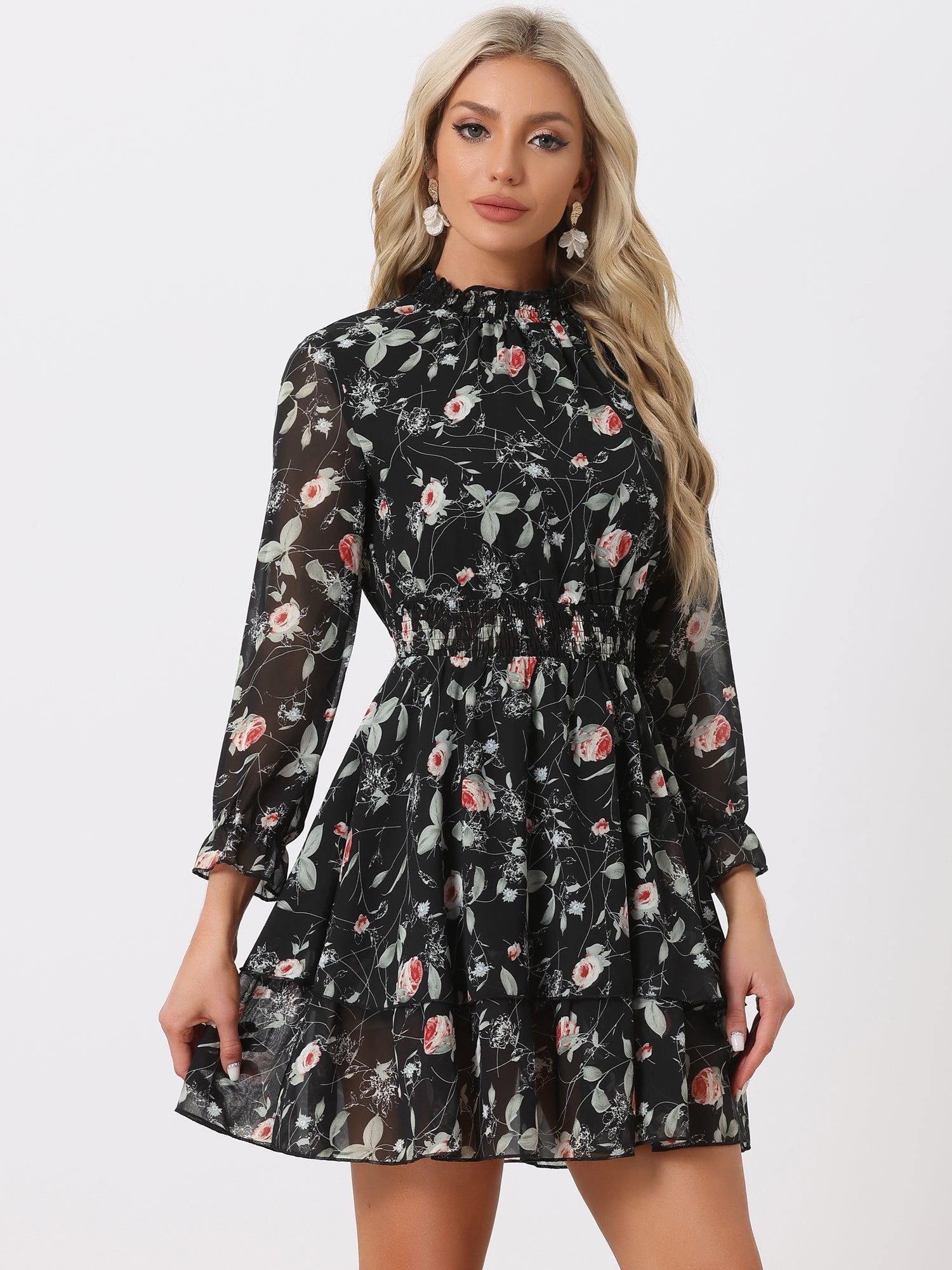 Floral Chiffon Long Sleeve Mock Neck Ruffle Layered Mini Dress