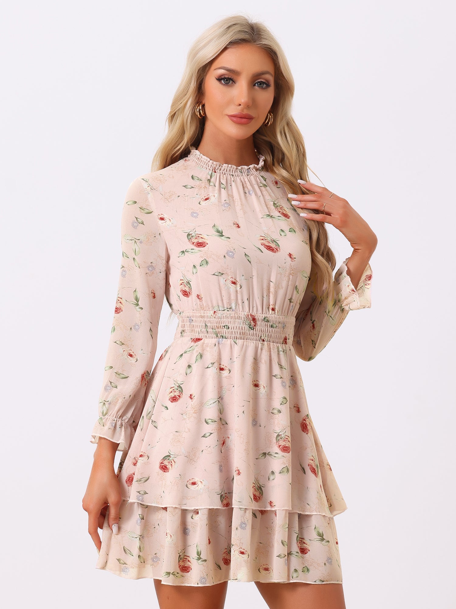 Floral Chiffon Long Sleeve Mock Neck Ruffle Layered Mini Dress