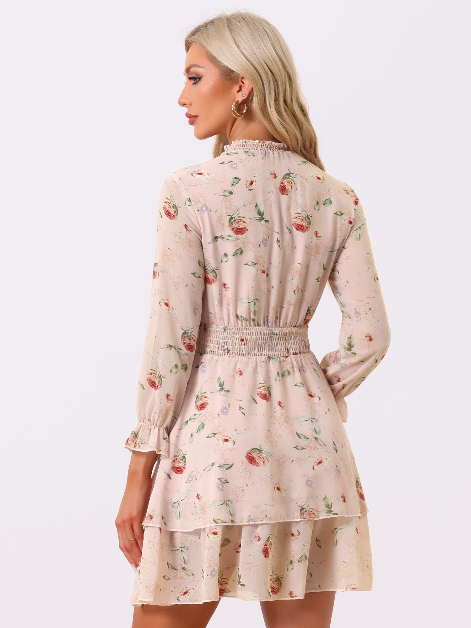 Floral Chiffon Long Sleeve Mock Neck Ruffle Layered Mini Dress