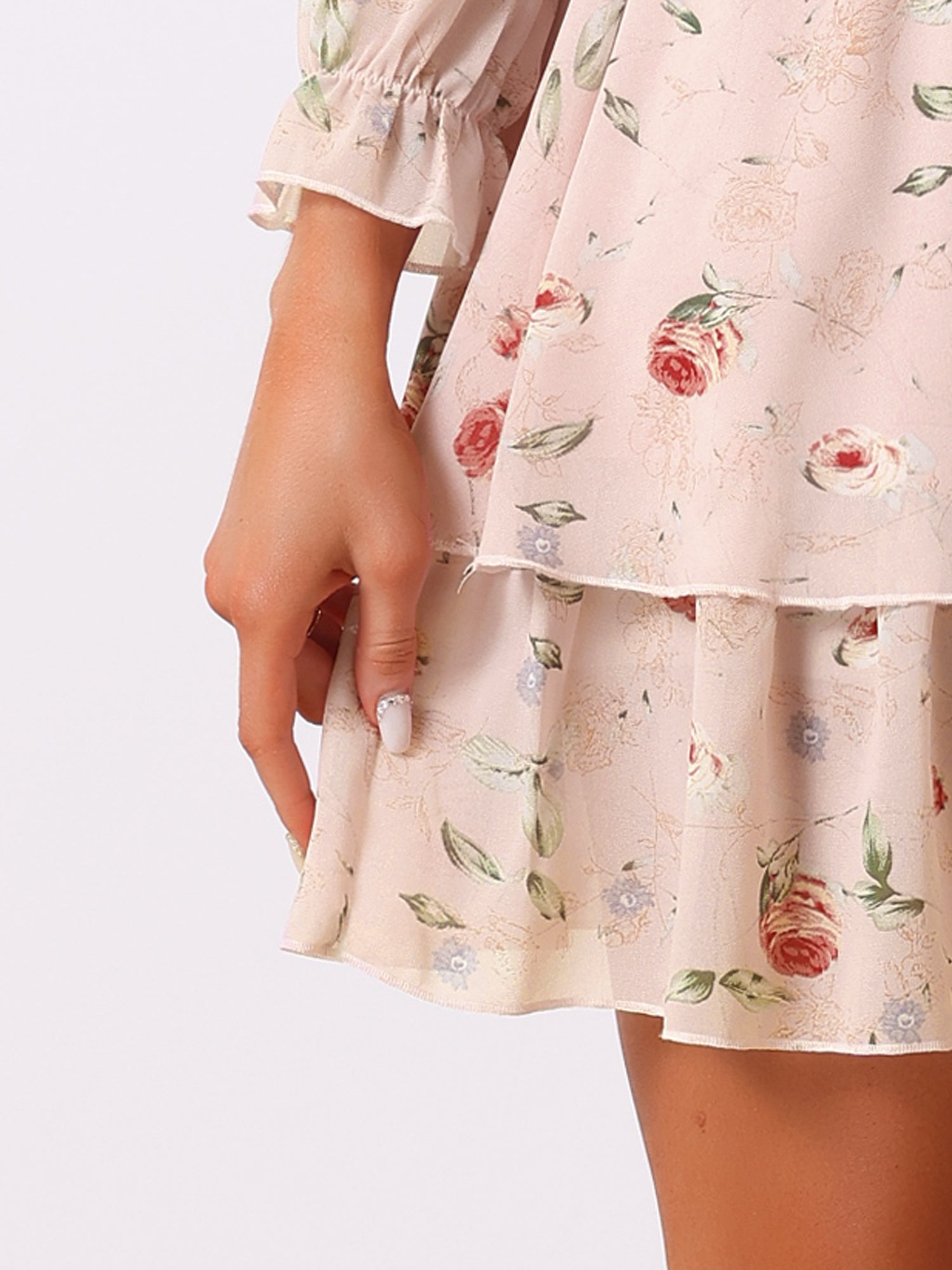 Floral Chiffon Long Sleeve Mock Neck Ruffle Layered Mini Dress