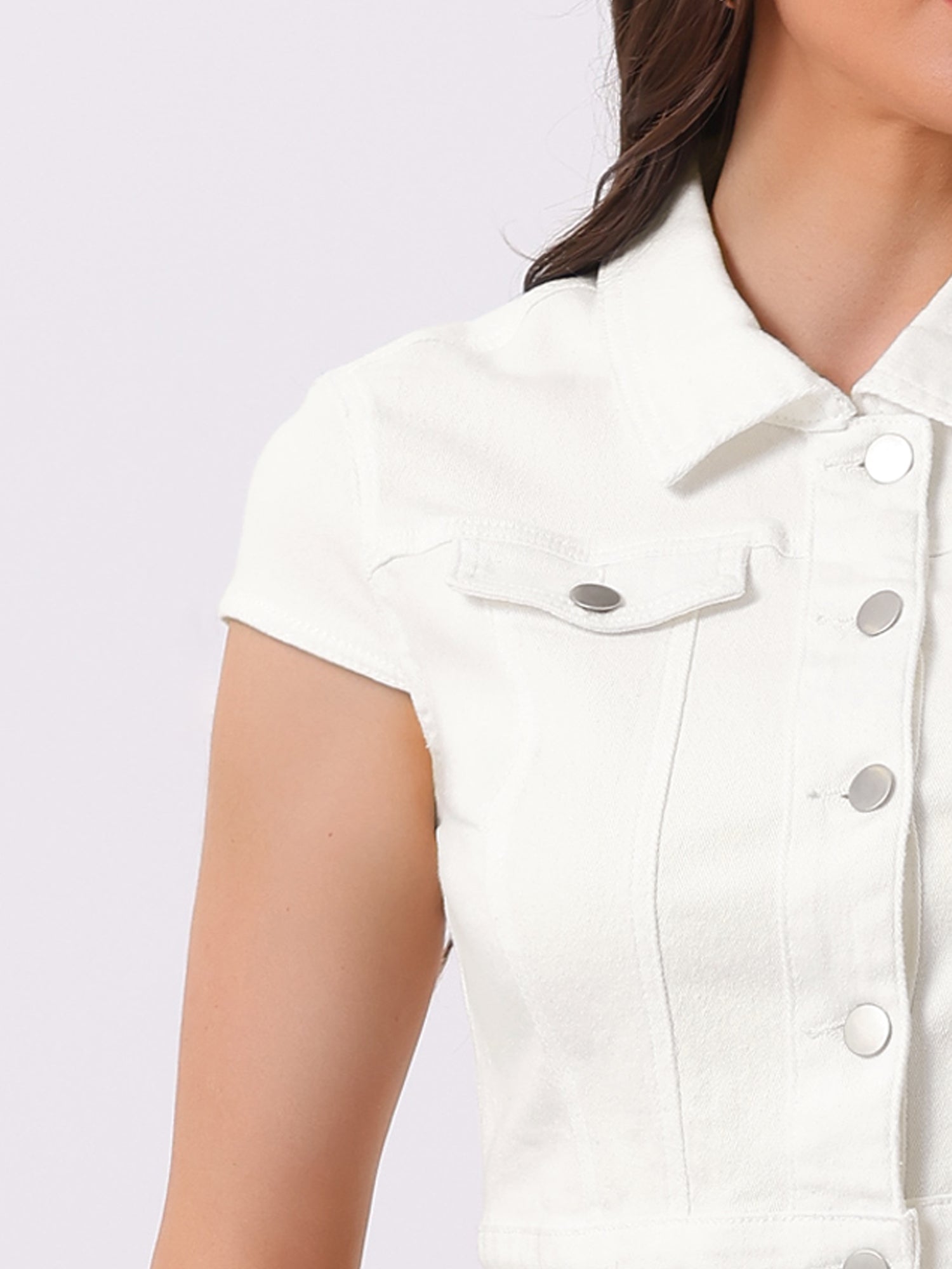 Summer Button Down Cap Short Sleeve Cropped Jean Denim Jacket