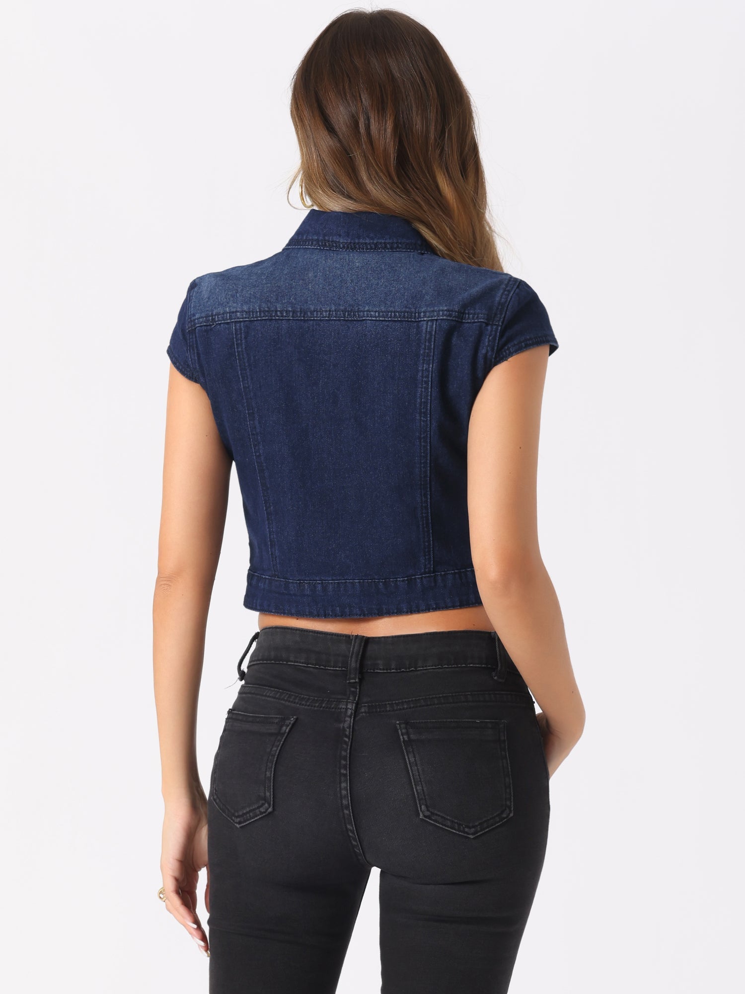 Summer Button Down Cap Short Sleeve Cropped Jean Denim Jacket
