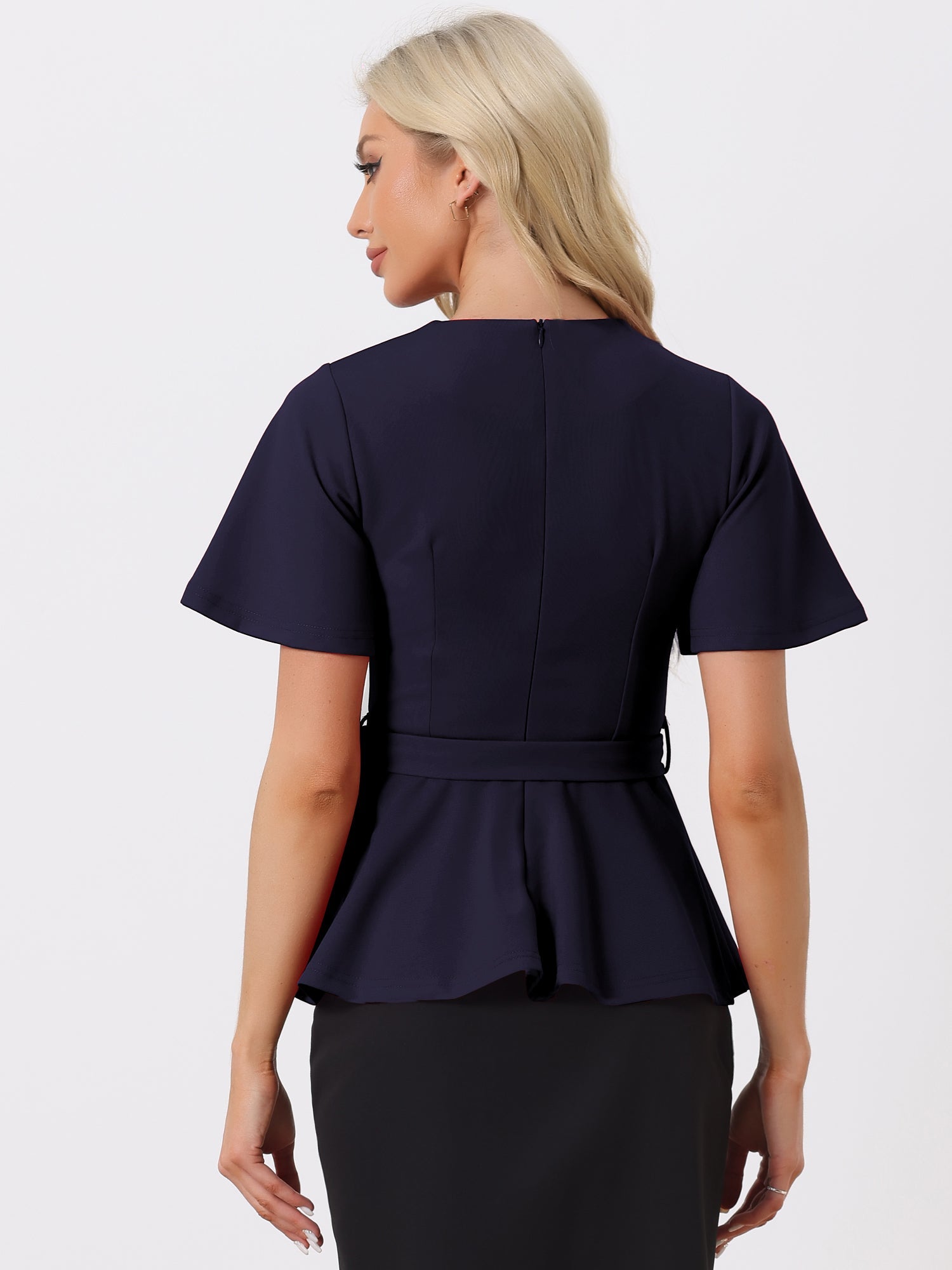Peplum Round Neck Bell Sleeve Belted Waist Office Blouse