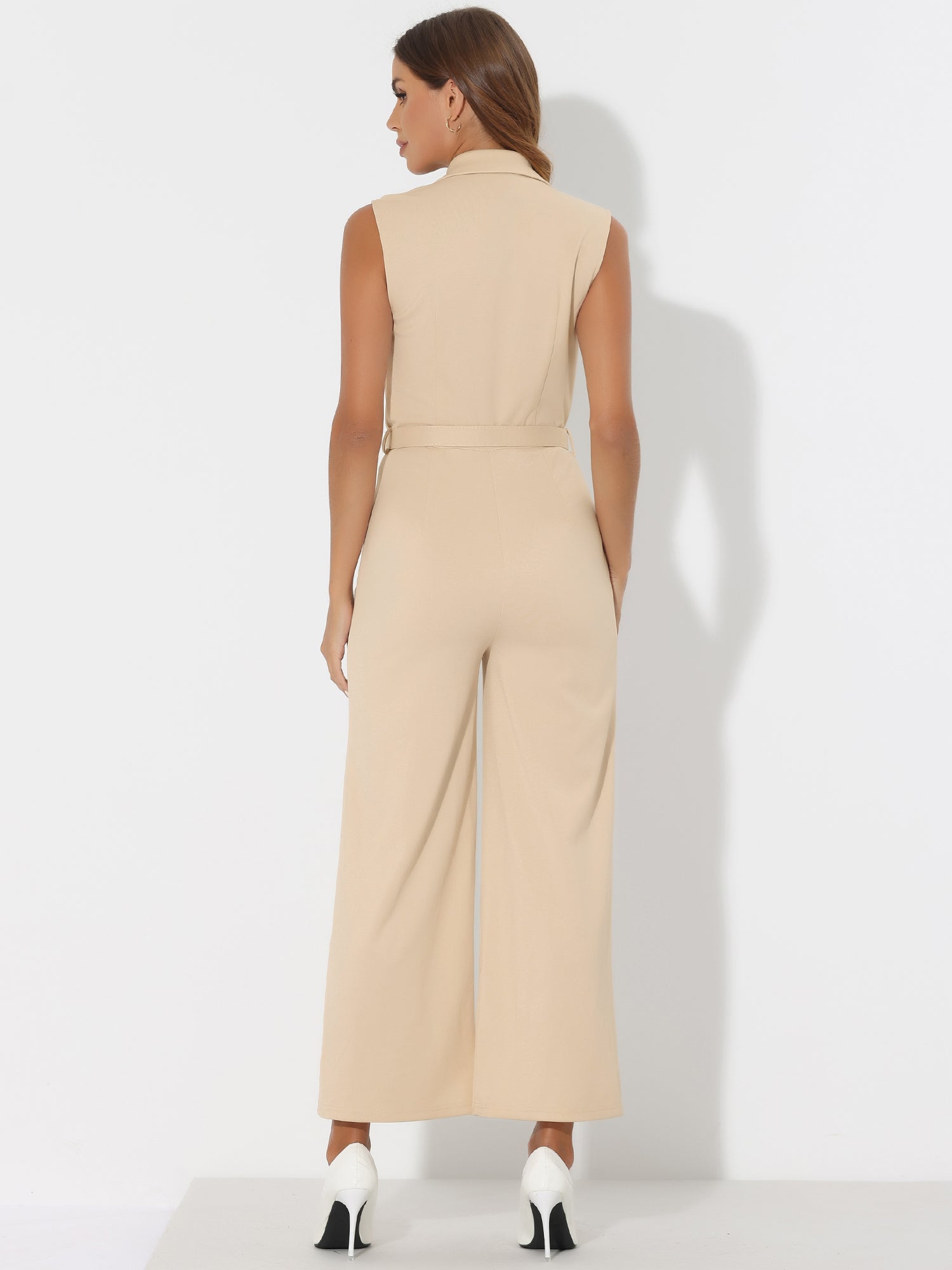 Sleeveless Button Front Closure Long Leg Pocket Belted Jumpsuits