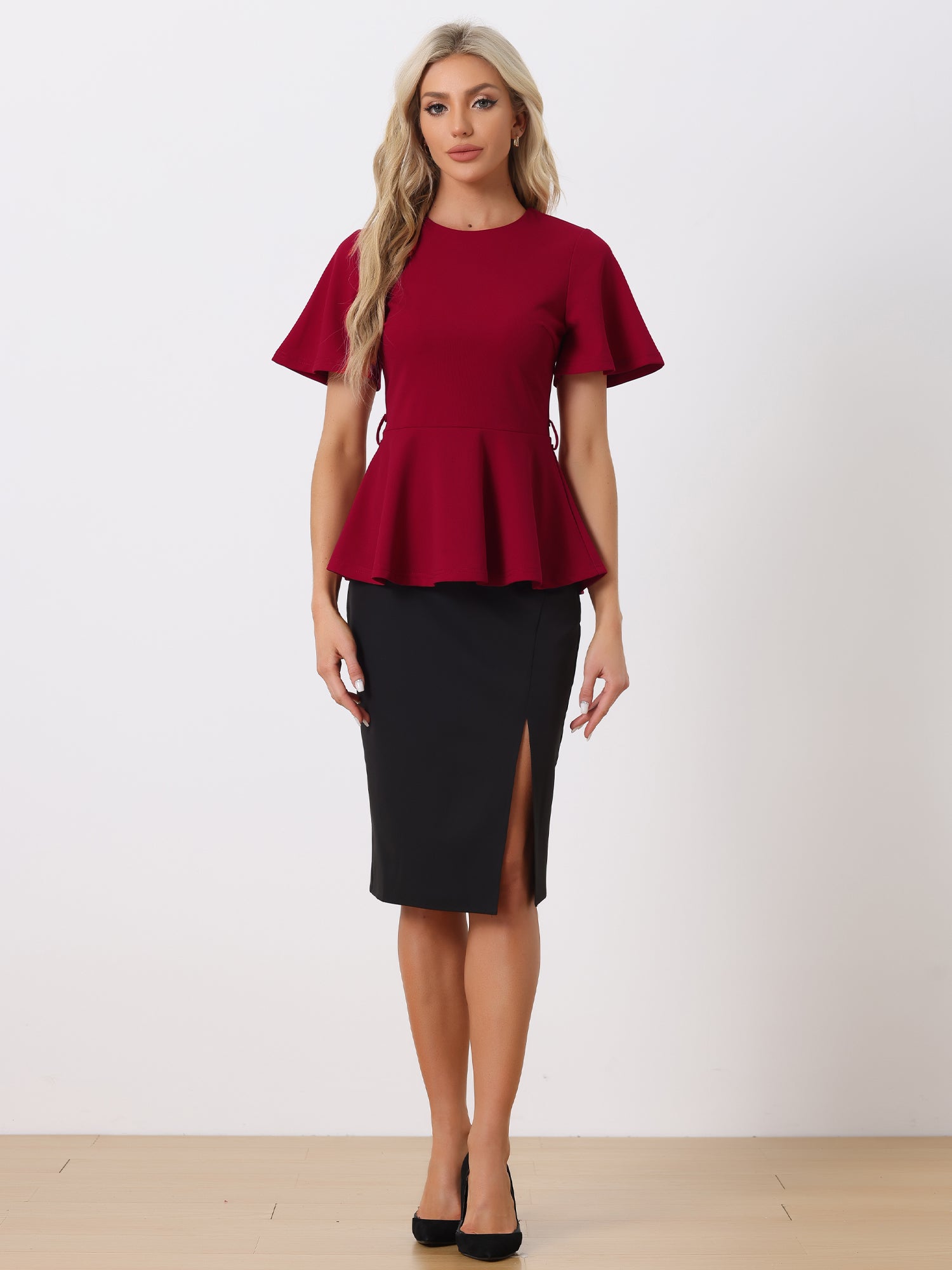 Peplum Round Neck Bell Sleeve Belted Waist Office Blouse