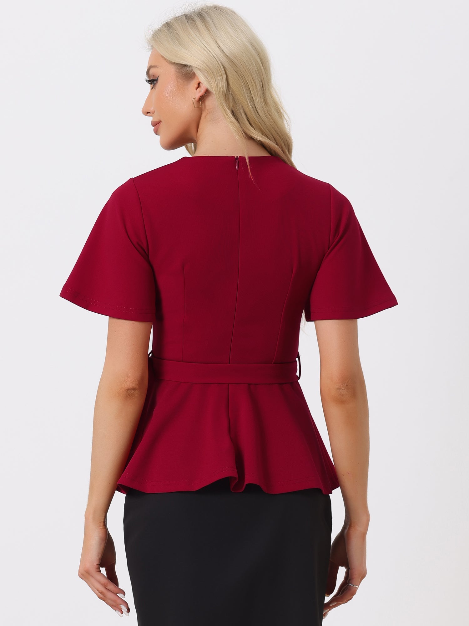 Peplum Round Neck Bell Sleeve Belted Waist Office Blouse