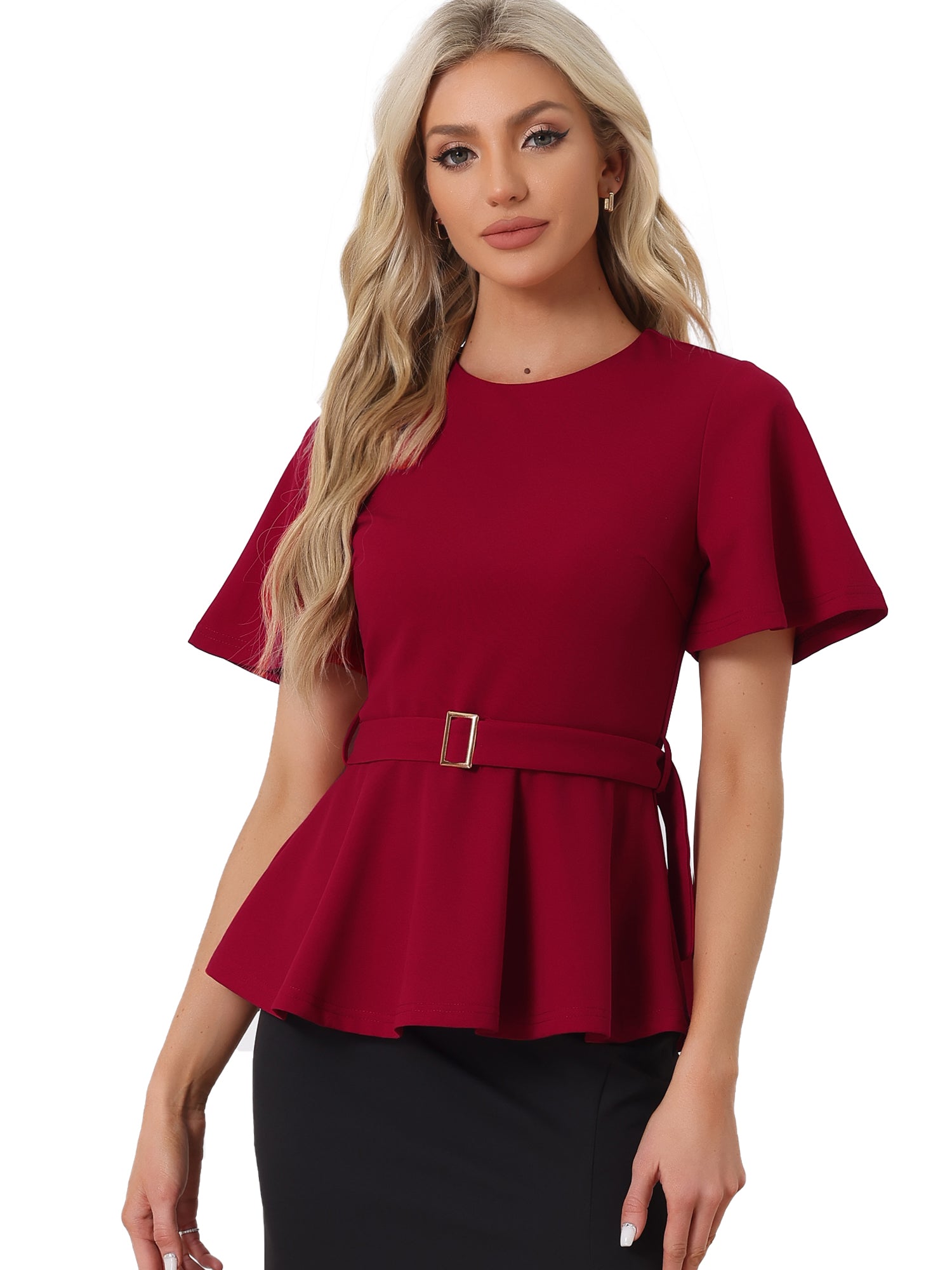 Peplum Round Neck Bell Sleeve Belted Waist Office Blouse