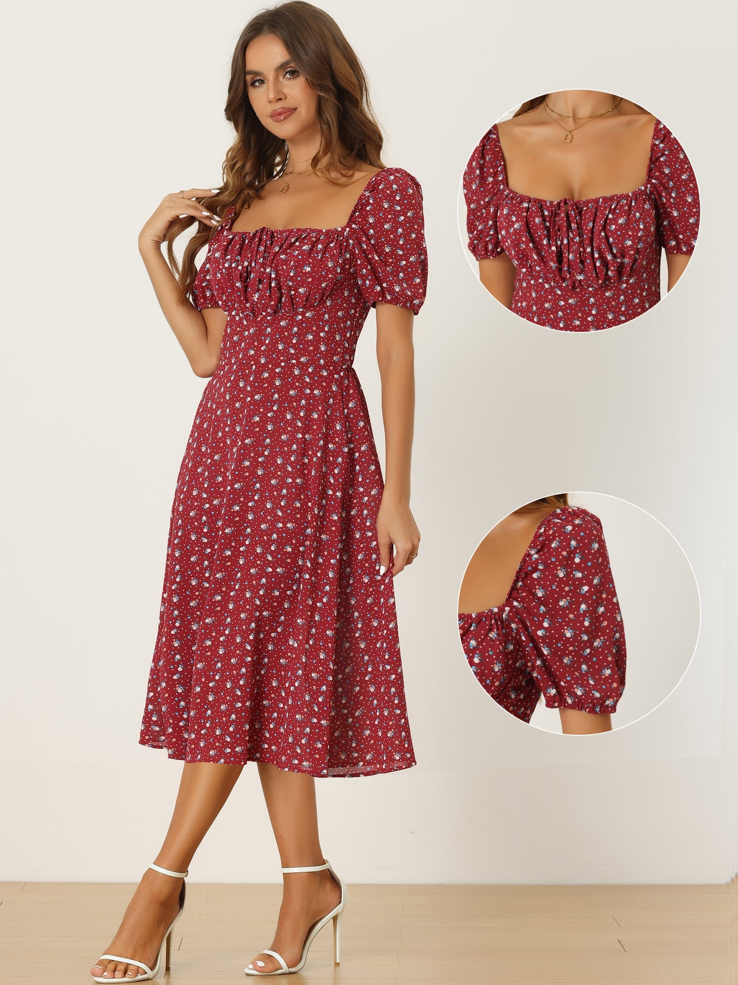Square Neck Smocked Shirred Puff Sleeves Floral Midi Dress