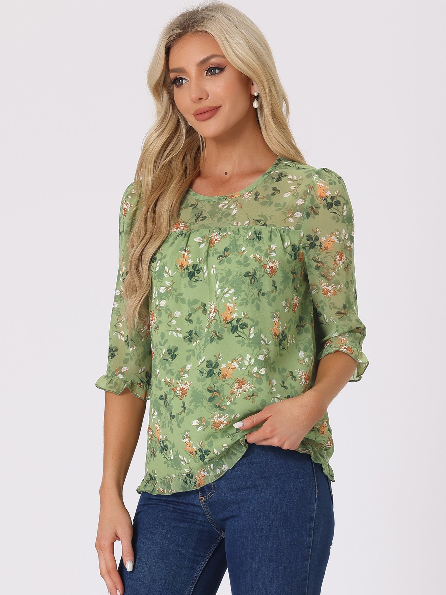 Casual Ruffle 3/4 Sleeve Floral Print Chiffon Blouse